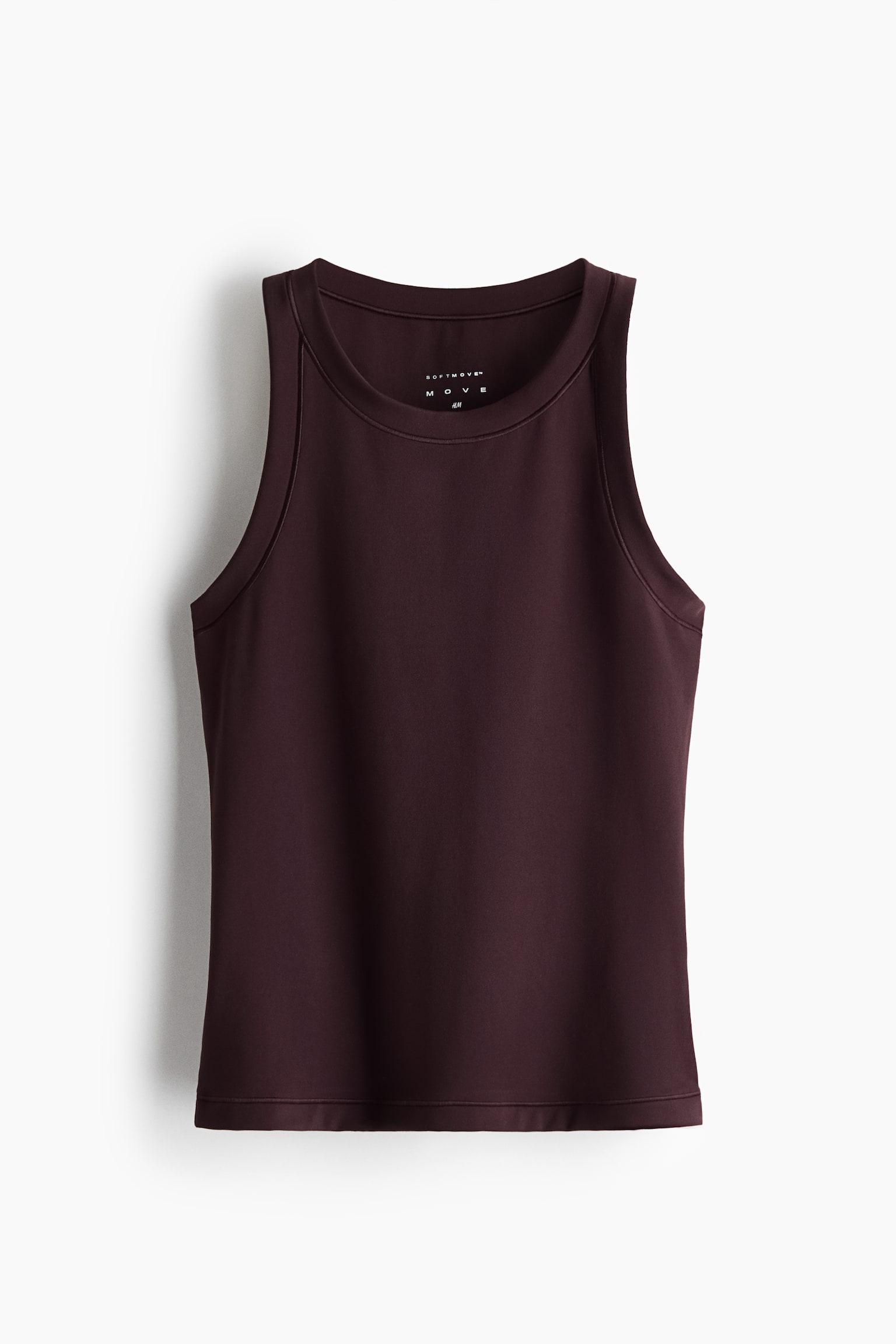 This dark plum sleeveless tank top is shown from the front, featuring a high crew neck with a wide banded collar, cutaway armholes, and a straight hem in a smooth stretch fabric.