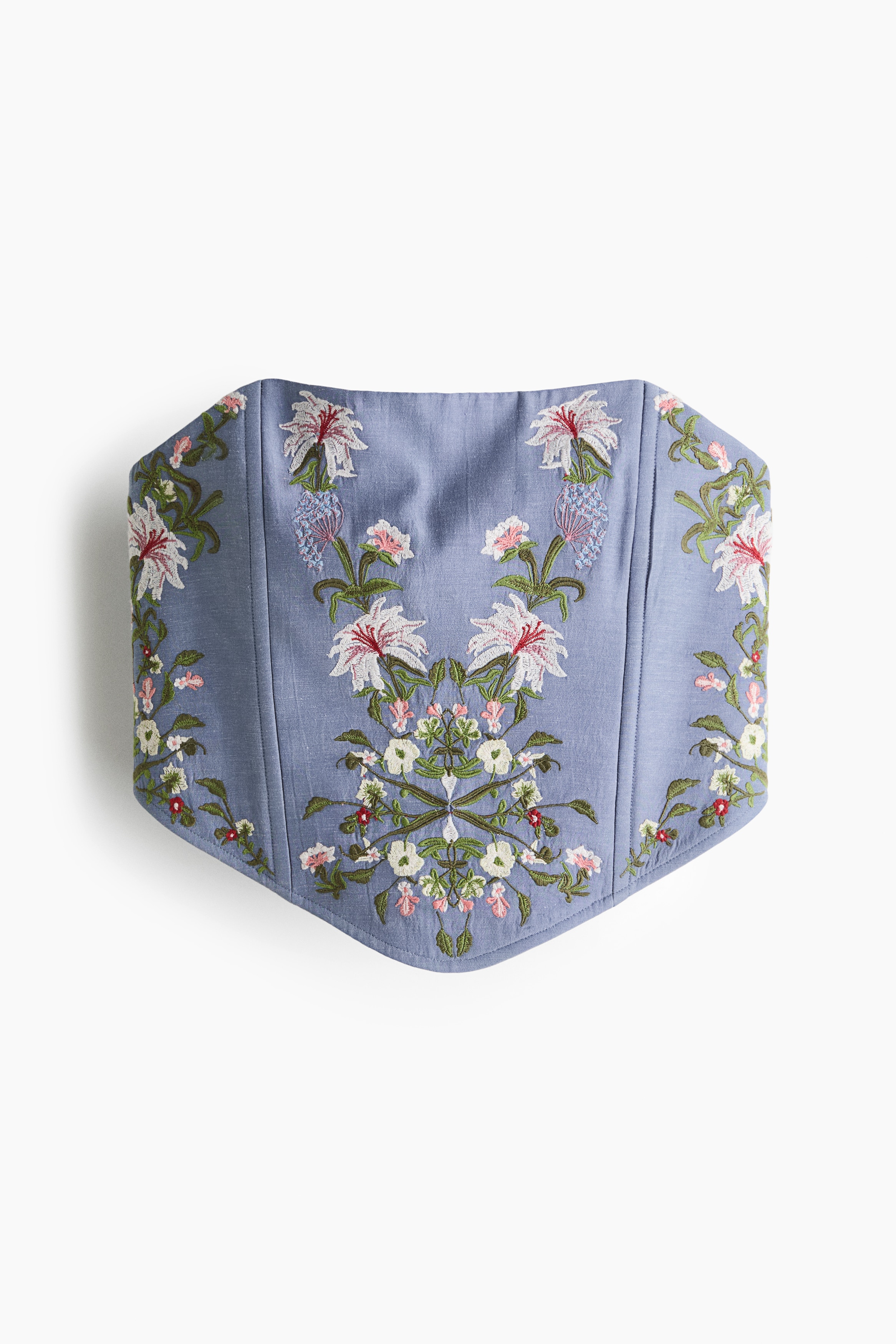 Embroidered linen-blend corset top - Dusty blue/Flowers