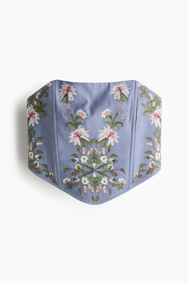 Besticktes Korsagentop aus Leinengemisch - Mattblau/Blumen - 1