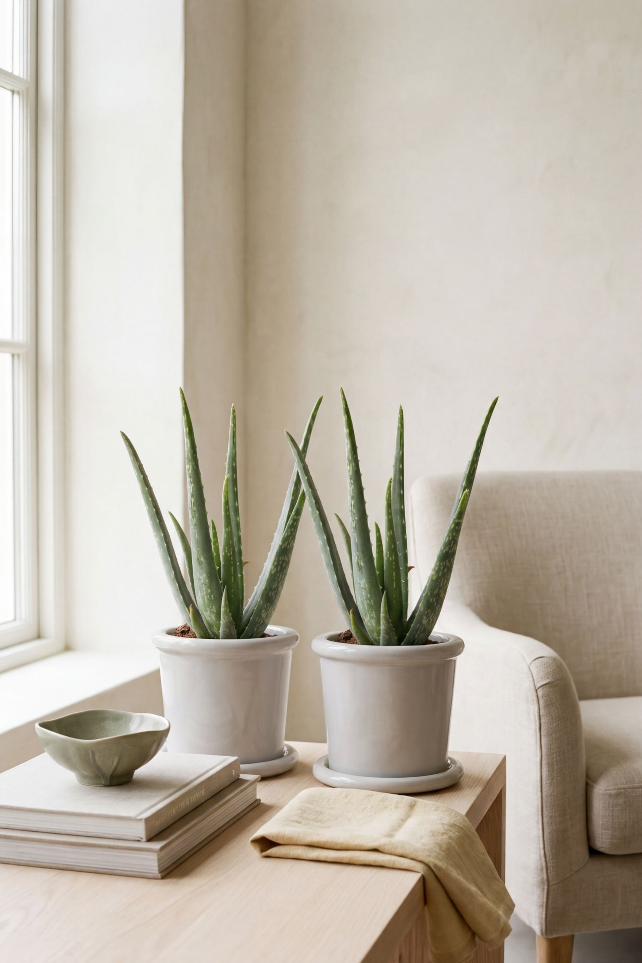 Agrandir l'image: Deux plants d’aloe vera sont placés côte à côte, chacun dans un pot rond en céramique blanche avec une soucoupe assortie. Chaque plante présente de longues feuilles vert clair, pointues et épineuses, marquées de petites taches blanches et se terminant en pointe.