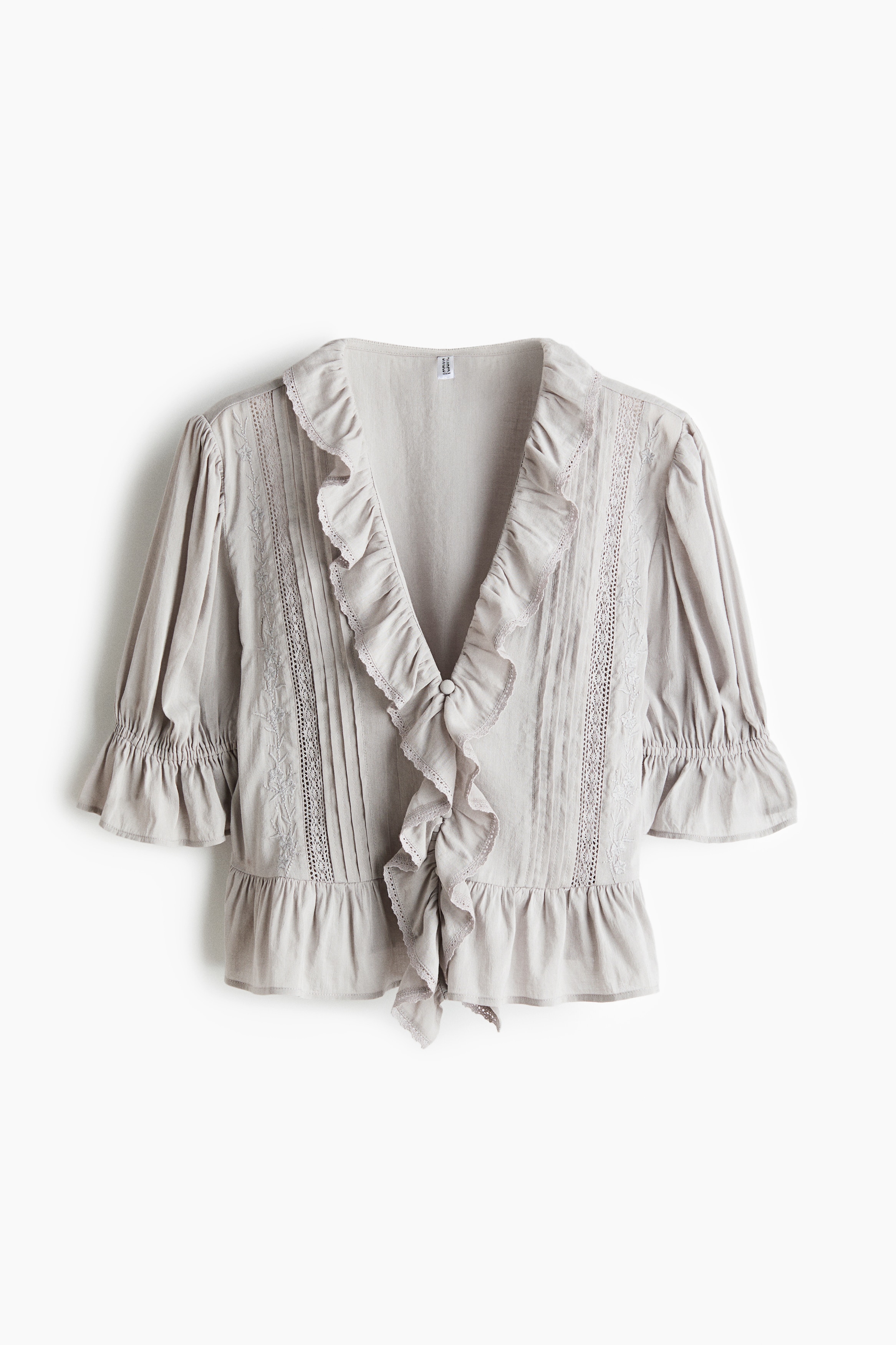 Bluse med flæser - Lysegrå/Hvid