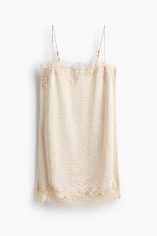 Vestido lencero con ribetes de encaje - Crema - 1