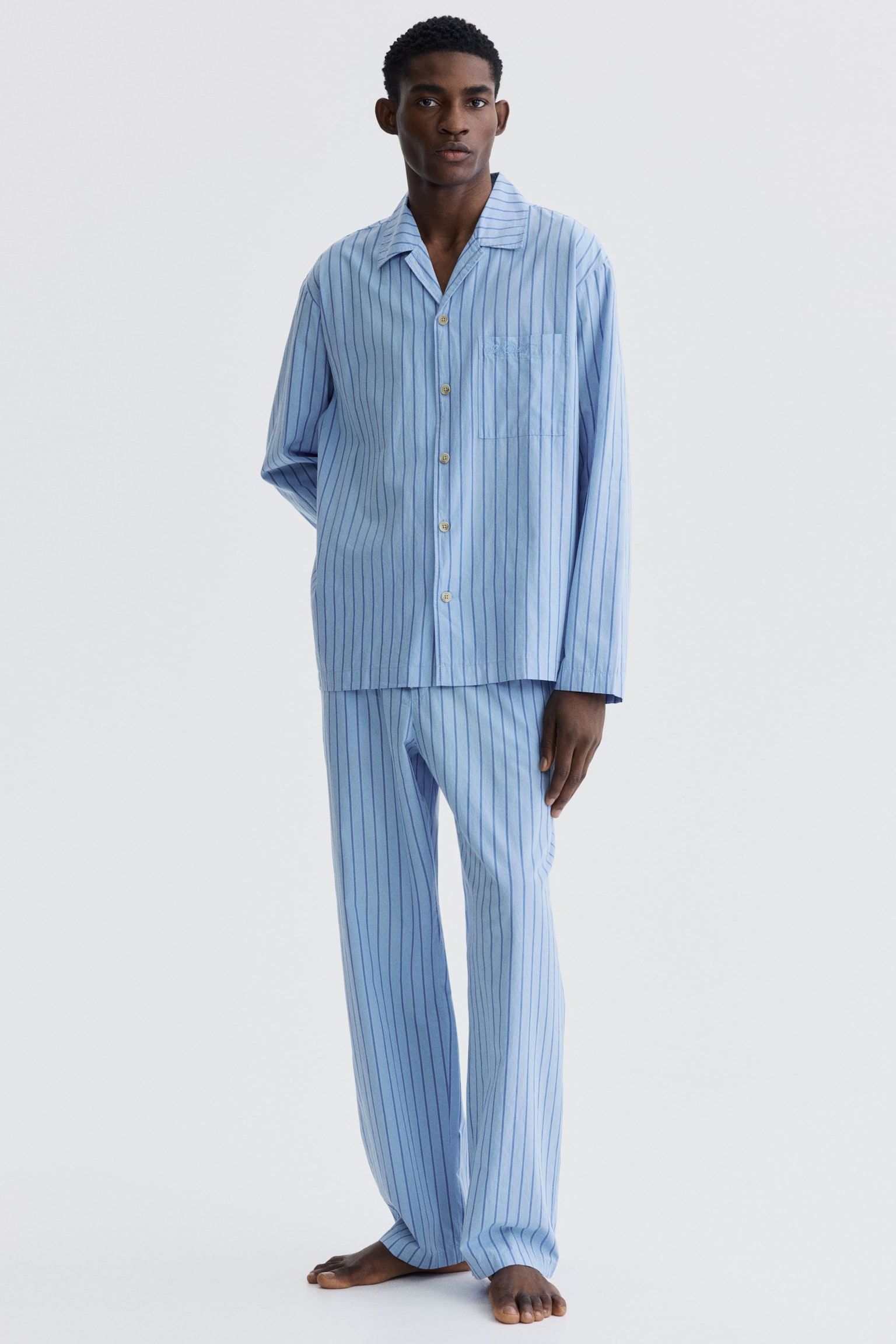 Poplin pyjama shirt and bottoms - Light blue/Striped/Khaki green/Striped/Khaki green/Checked - 1
