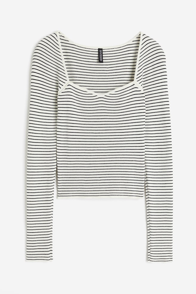 Rib-knit sweetheart-neck top - White/Striped/Black - 2