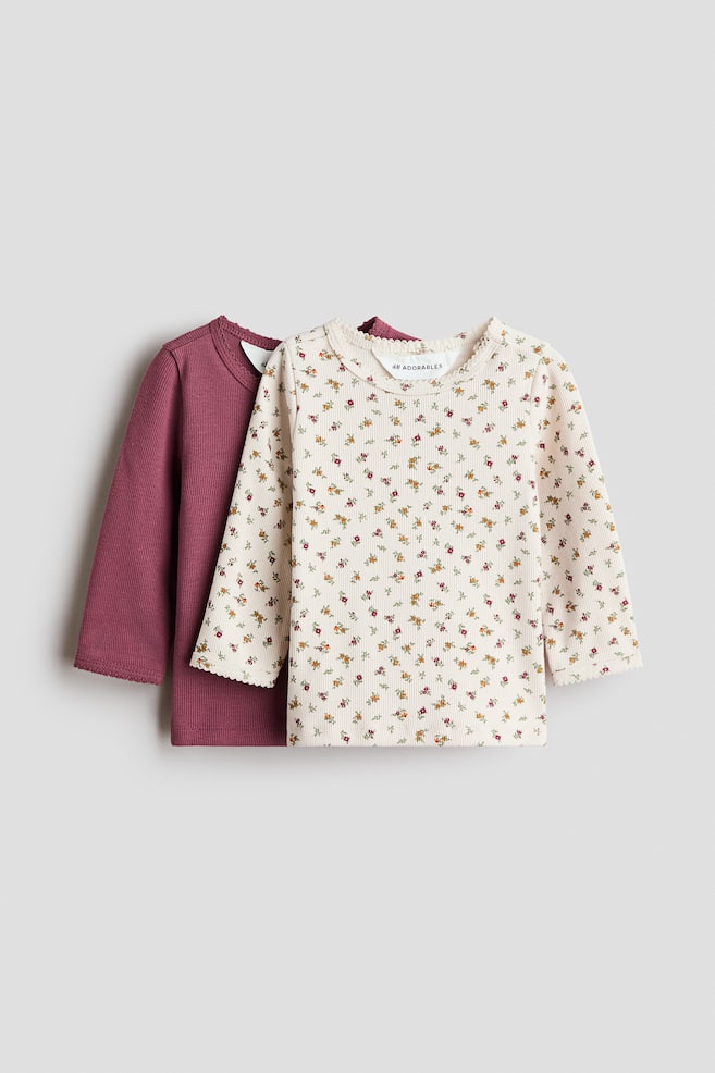 2-Pack Cotton Jersey Tops - Dark dusty pink/floral/Beige/floral/Light dusty pink/floral/Dusty rose melange/berries - 1
