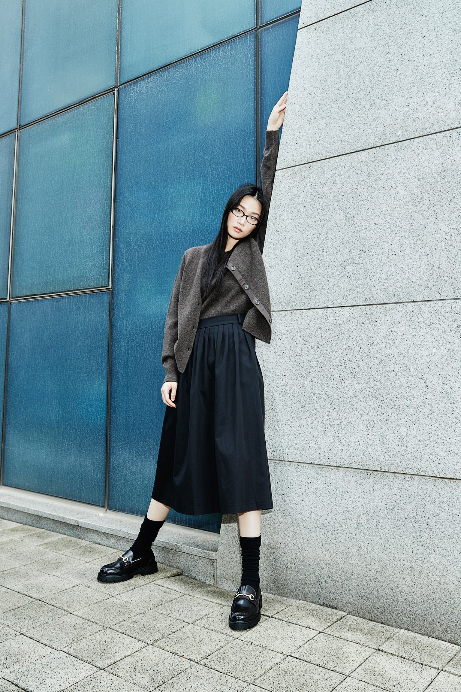 Pleated A-line skirt - ブラック/ネイビーブルー - 1