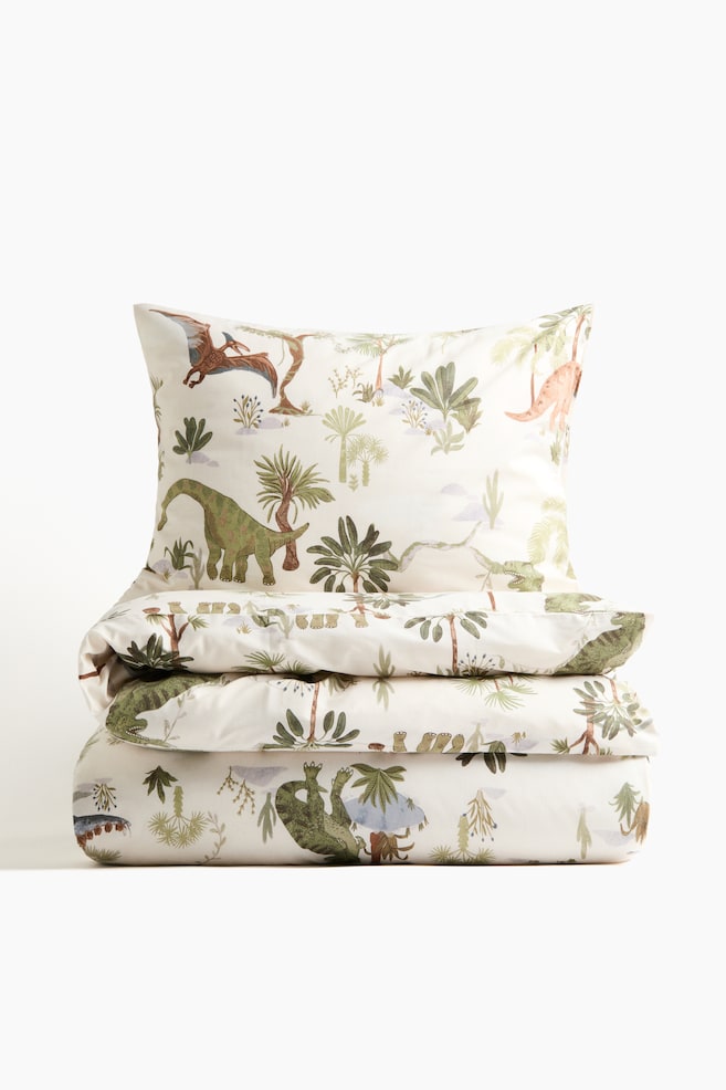 Patterned single duvet cover set - Light beige/Dinosaurs/Green/Dinosaurs - 1