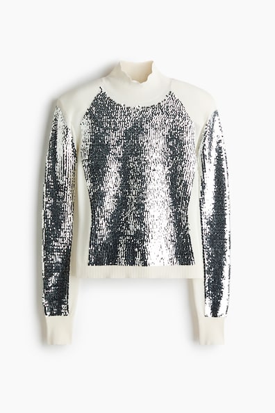 H & M - Paillettentop met schoudervullingen - Roomwit/Zilverkleurig
