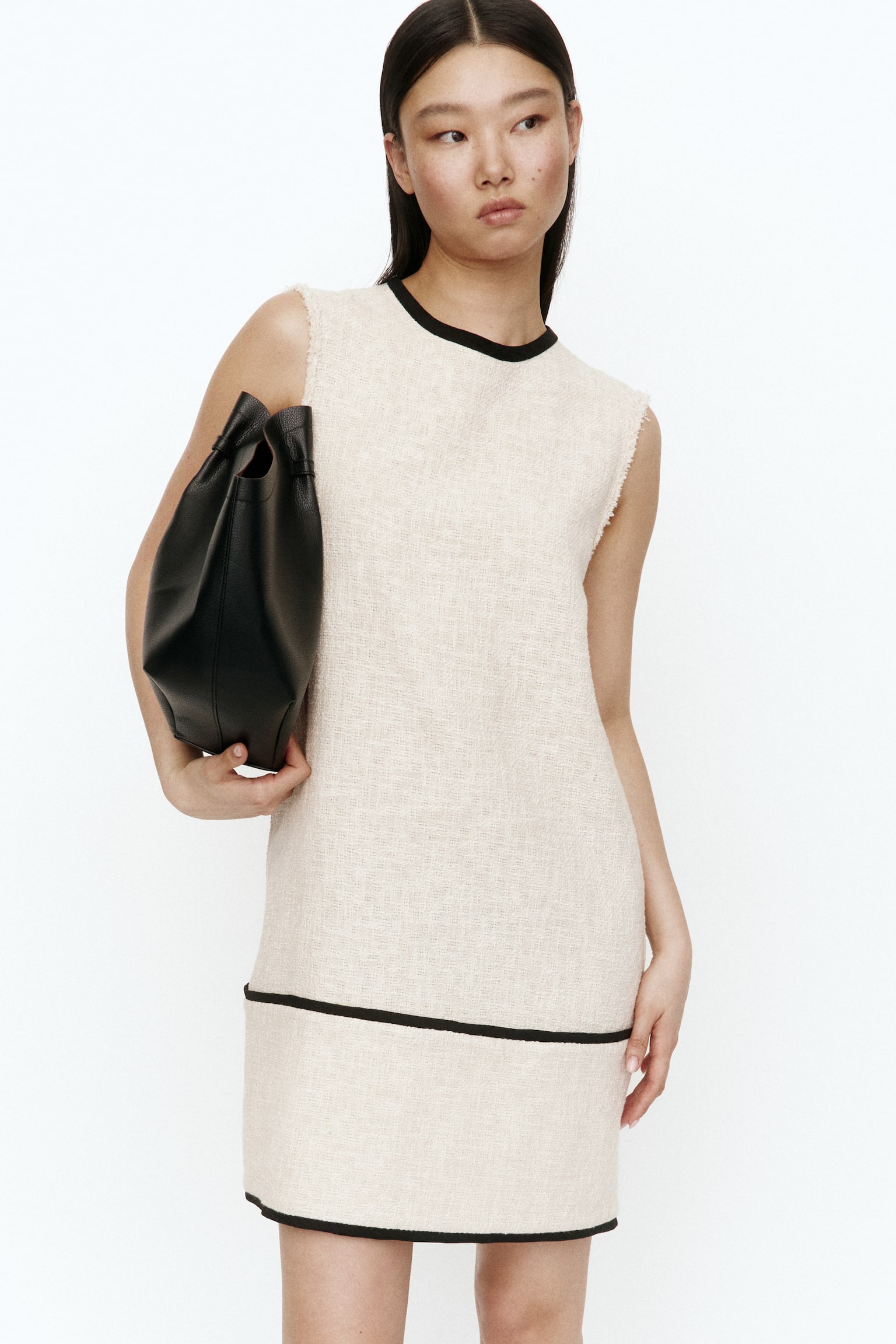 Linen-blend shift dress - Light beige/Black - 3