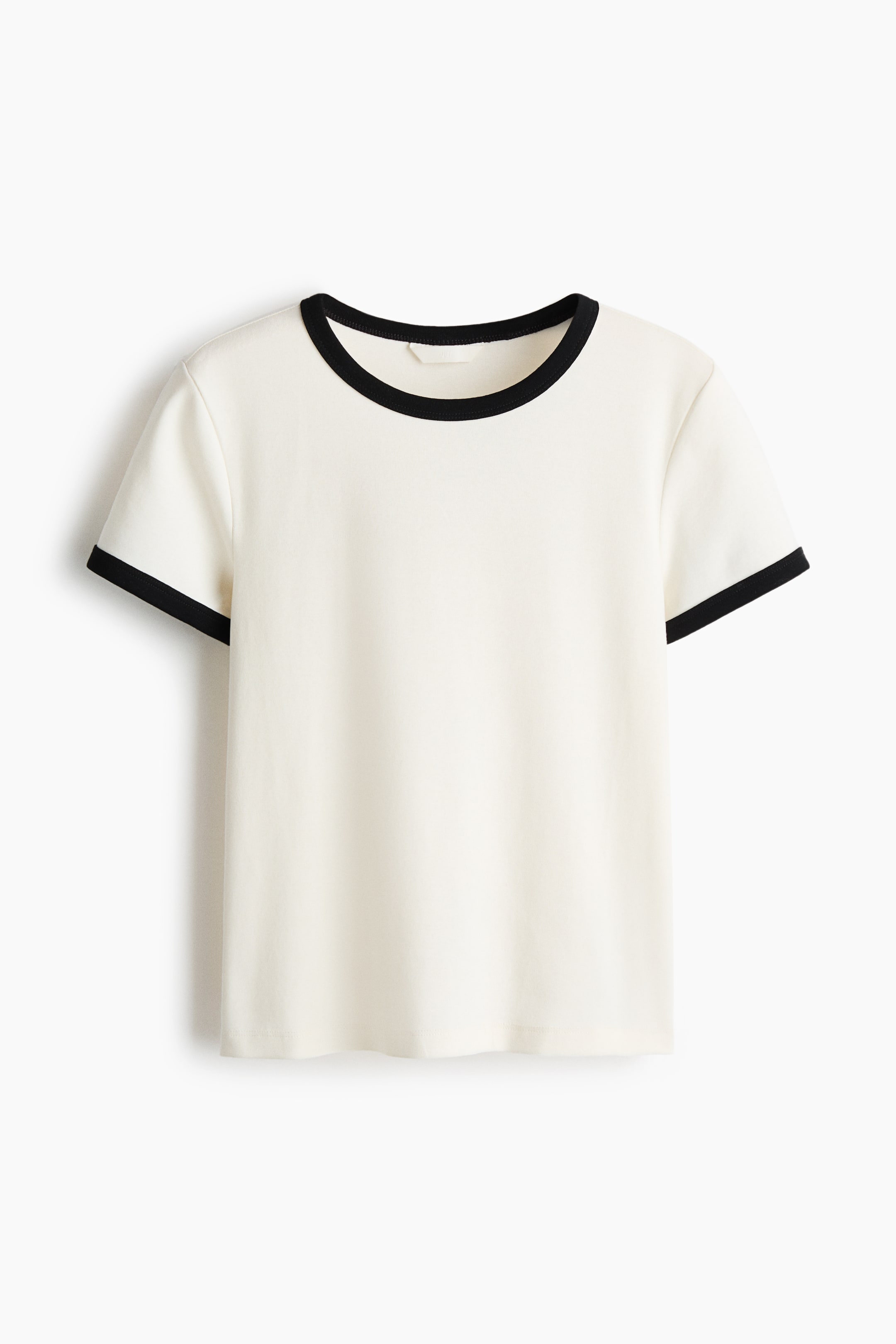 View larger image: A fitted t-shirt is shown from the front, showcasing an off-white body with black contrasting trims around its round neckline and short sleeve cuffs, and a straight-cut hem.