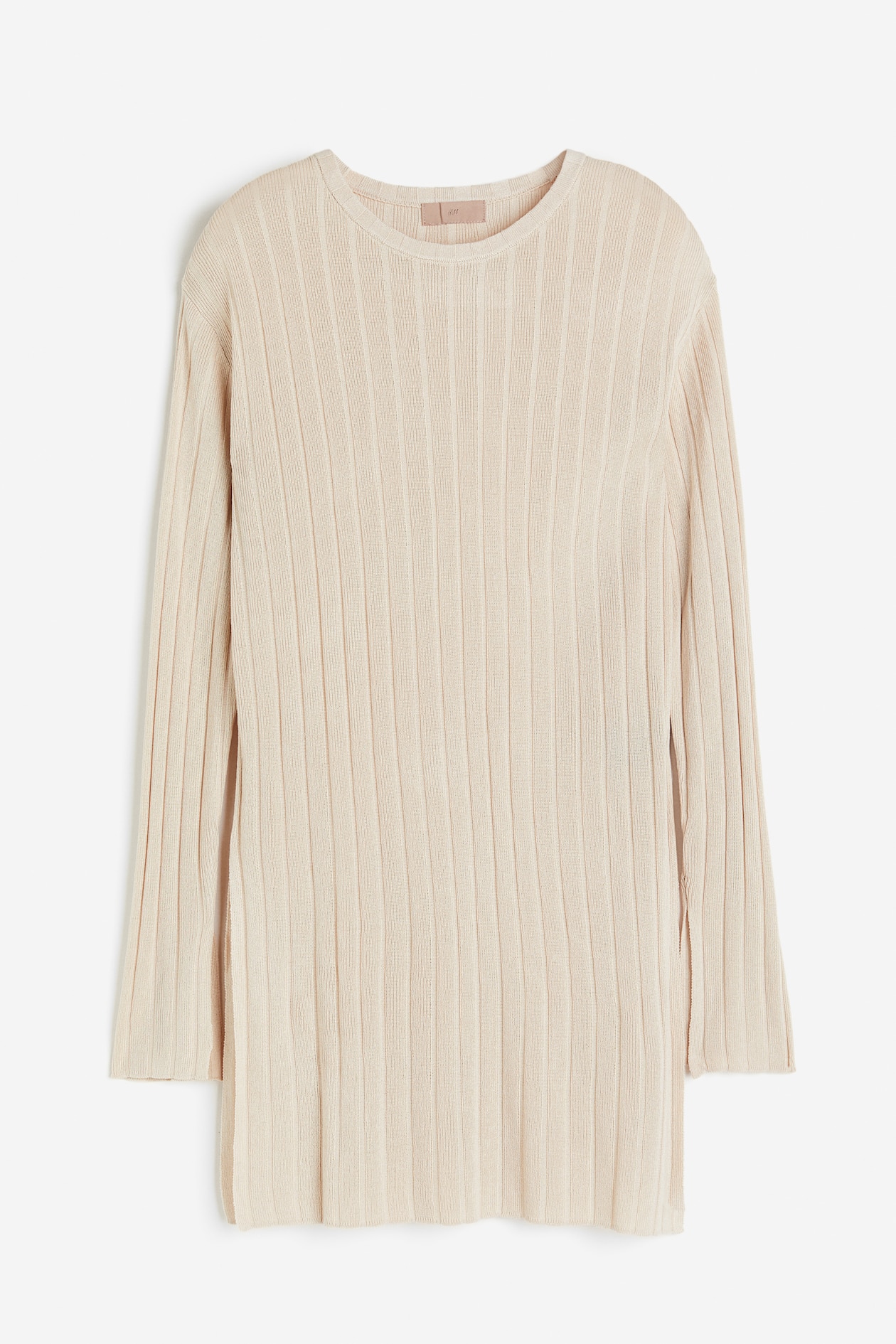 Ribbed viscose-blend top - Round neck - Long sleeve - Light beige 