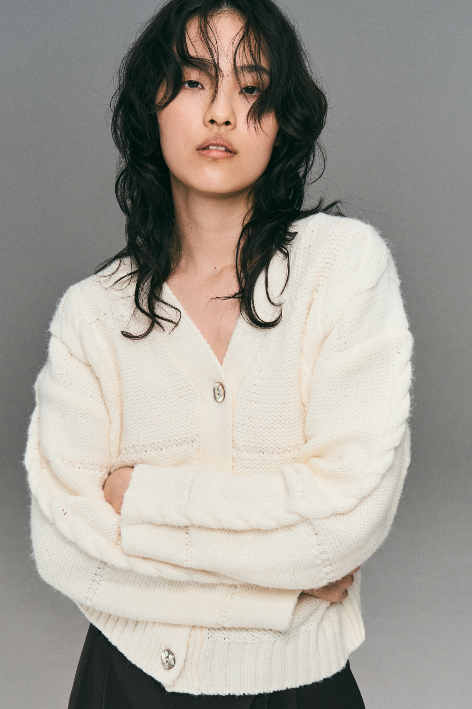 텍스처 니트 가디건 - 화이트 - 6