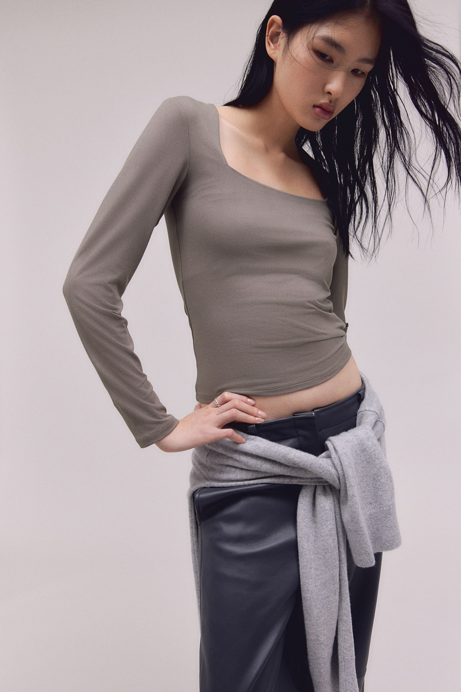 Long Sleeve Jersey Top - Dark greige/Black/Cream/Light dusty green - 1