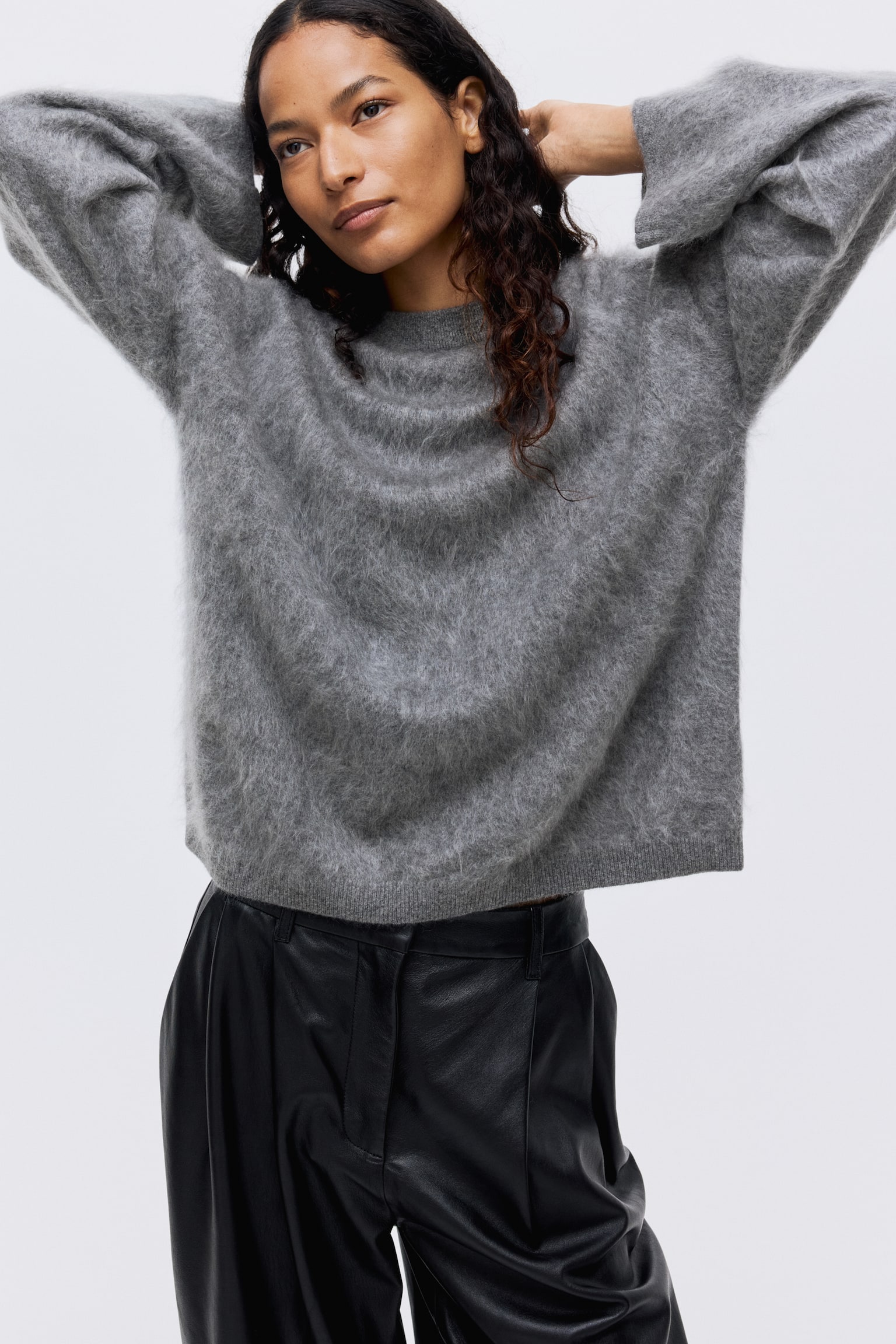 Trøje i børstet kashmir - Grå/Lysebrun - 6