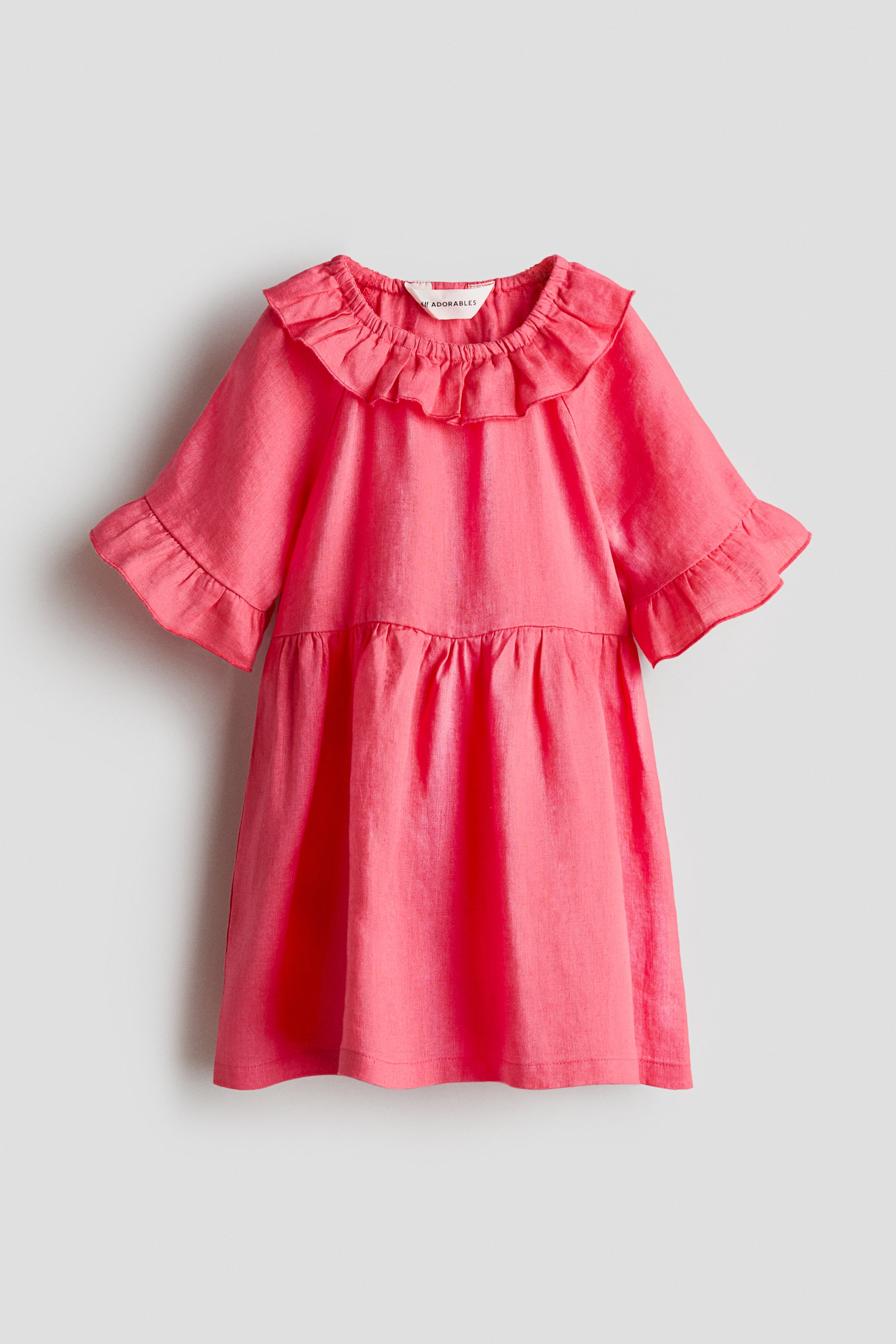 Linen Dress with Ruffle Collar - Coral red/Light beige - 2