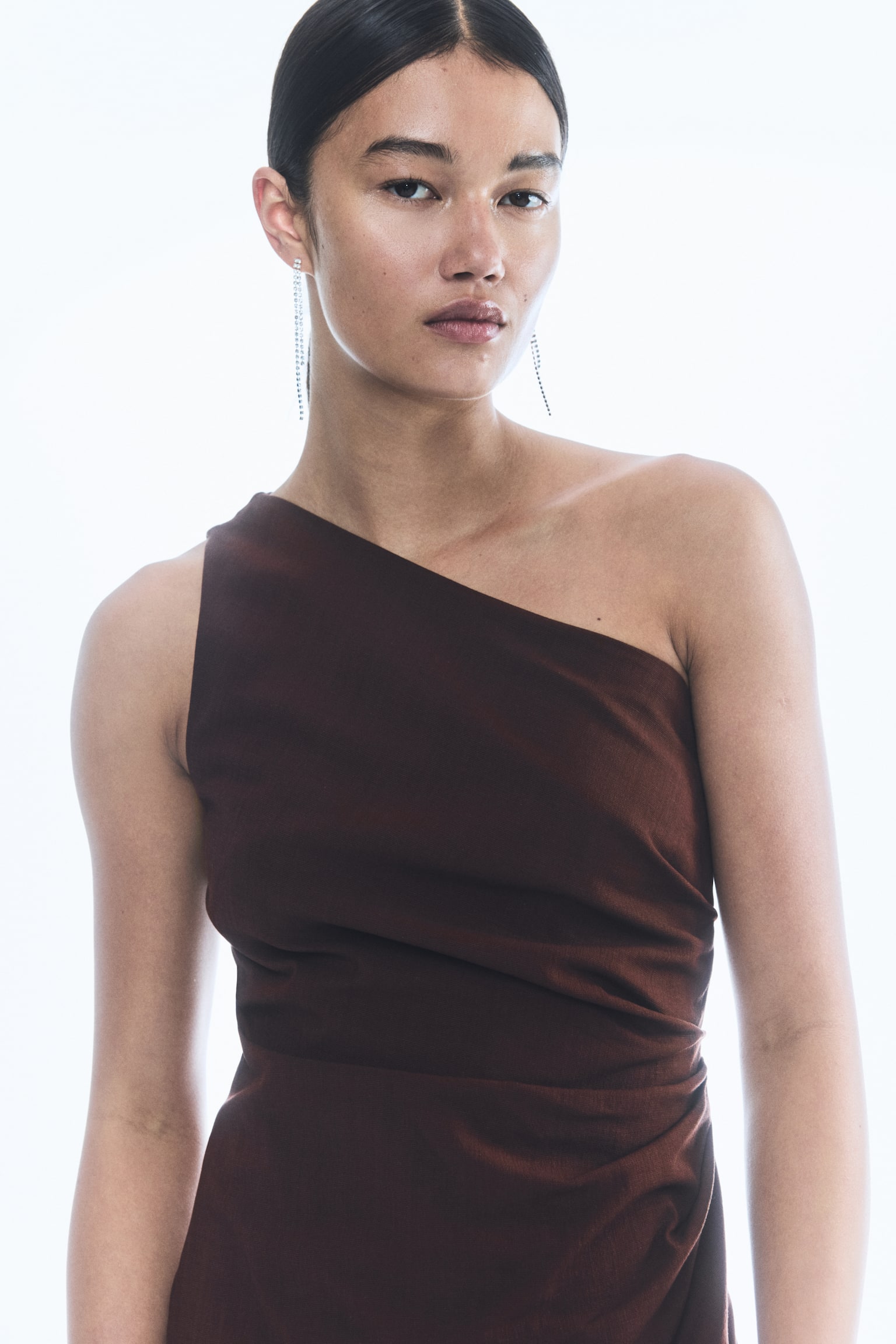 Draped One Shoulder Dress - Dark brown/White/Black - 3