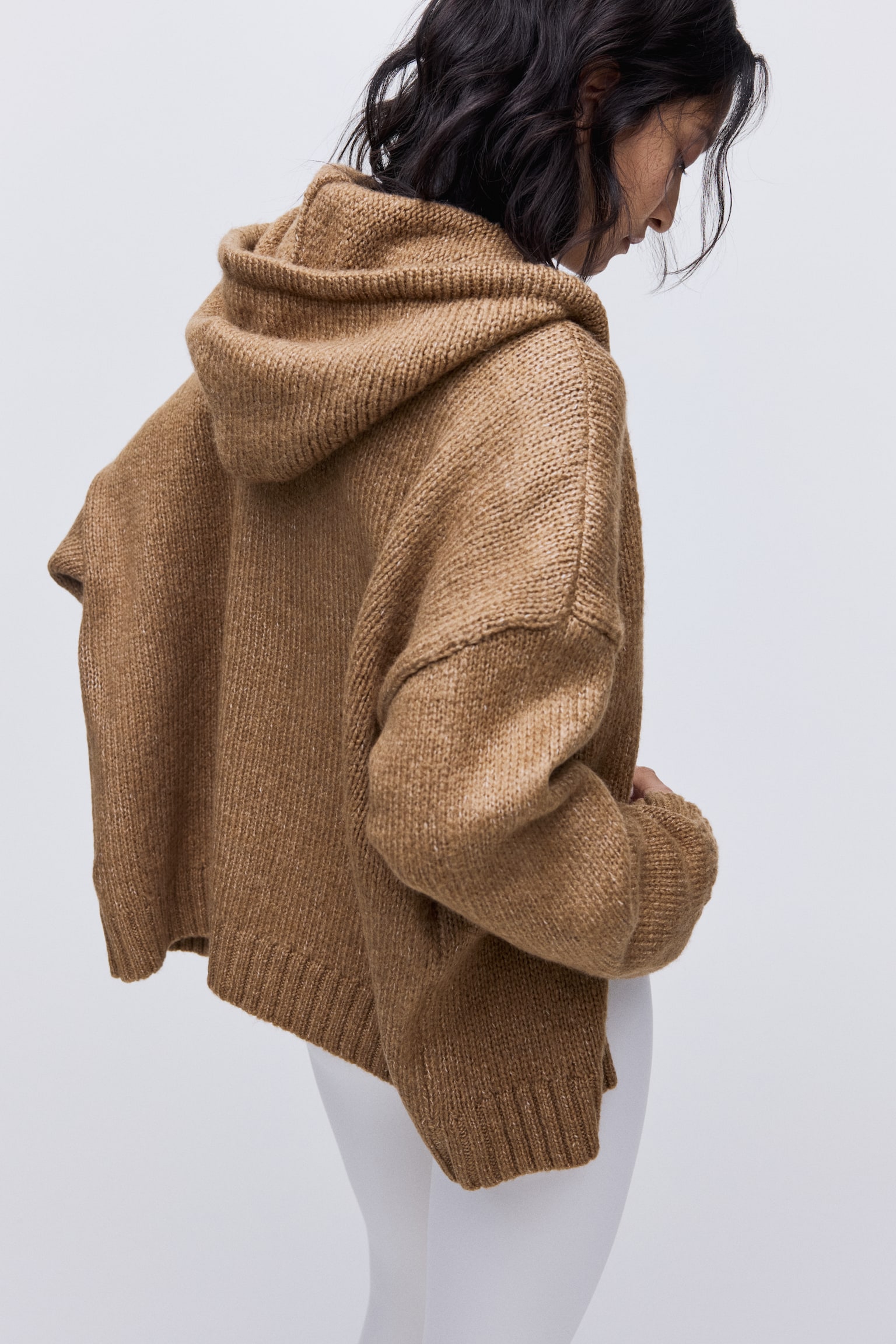 Kapüşonlu ve Fermuarlı Triko Üst - Koyu bej/Krem - 3