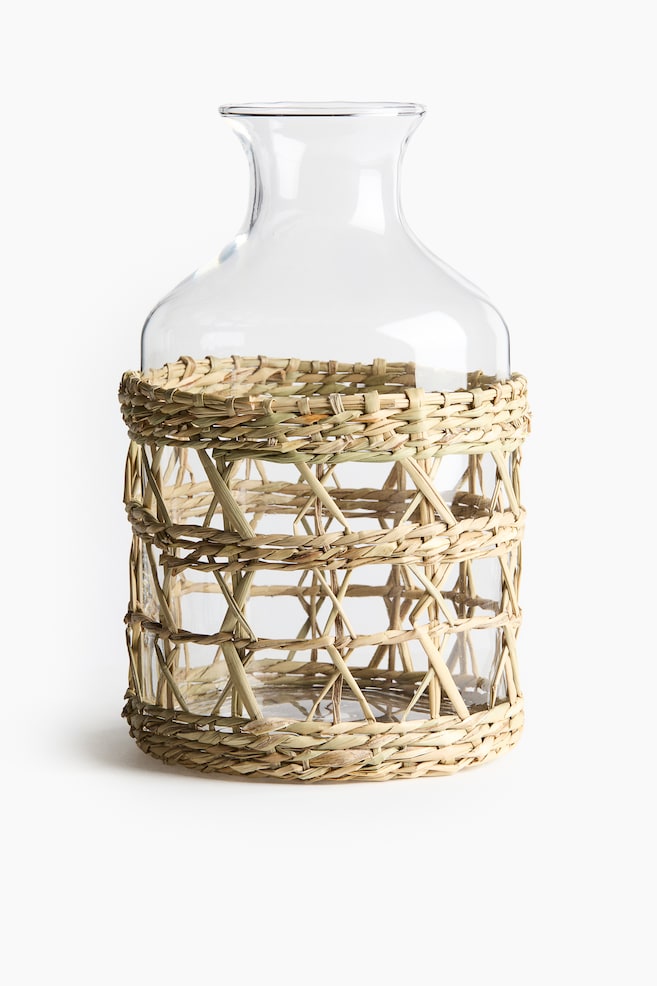 Glaskaraffe mit Seegrasgeflecht - Transparent/Beige - 1