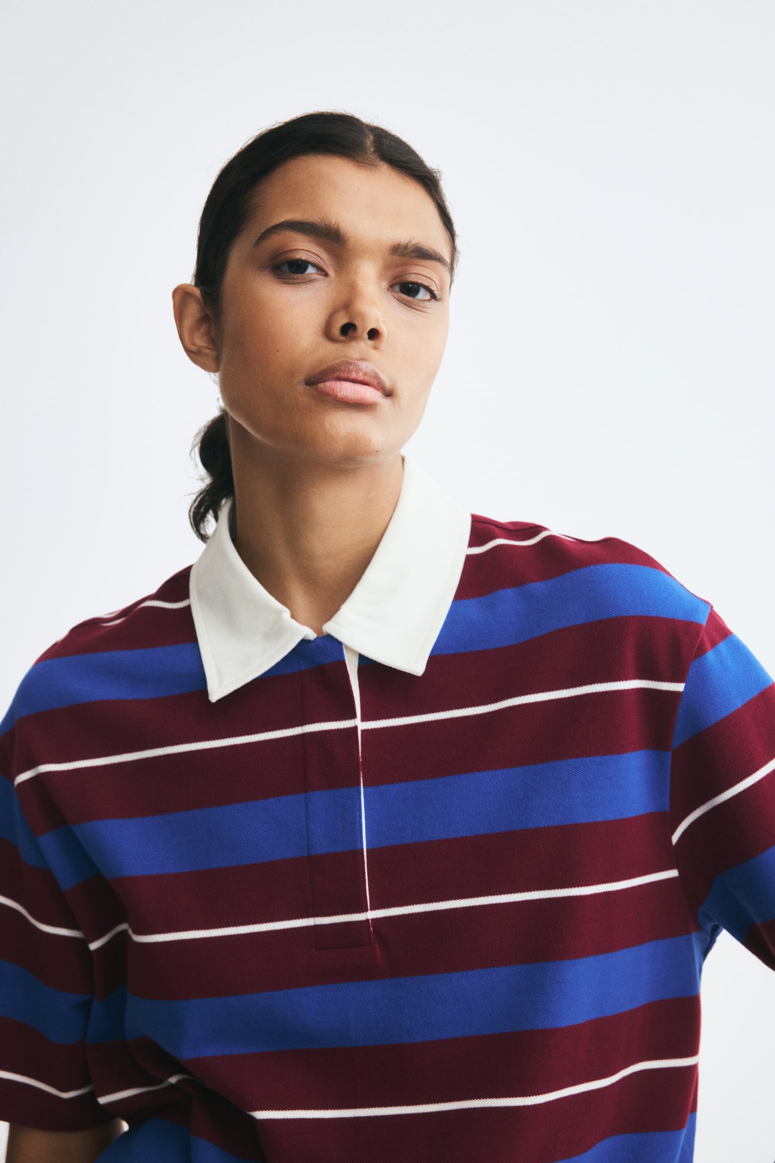 Женское поло H&M Piqué Polo Shirt, цвет: Тёмный красный / Полосатый — фото 3
