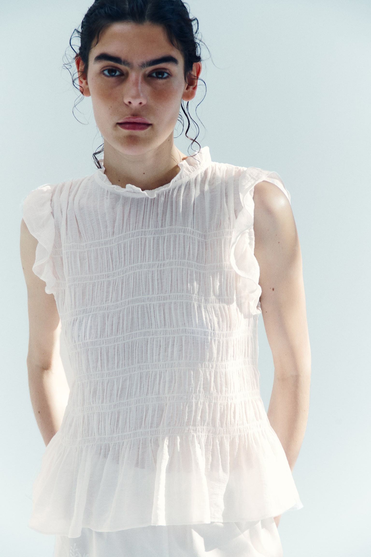Top en punto smock con peplum - Blanco/Turquesa tenue claro - 7