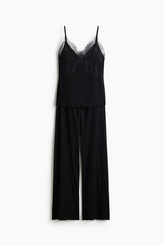 Lace-Trimmed Jersey Pajamas - Black/Light peach pink/Burgundy - 1