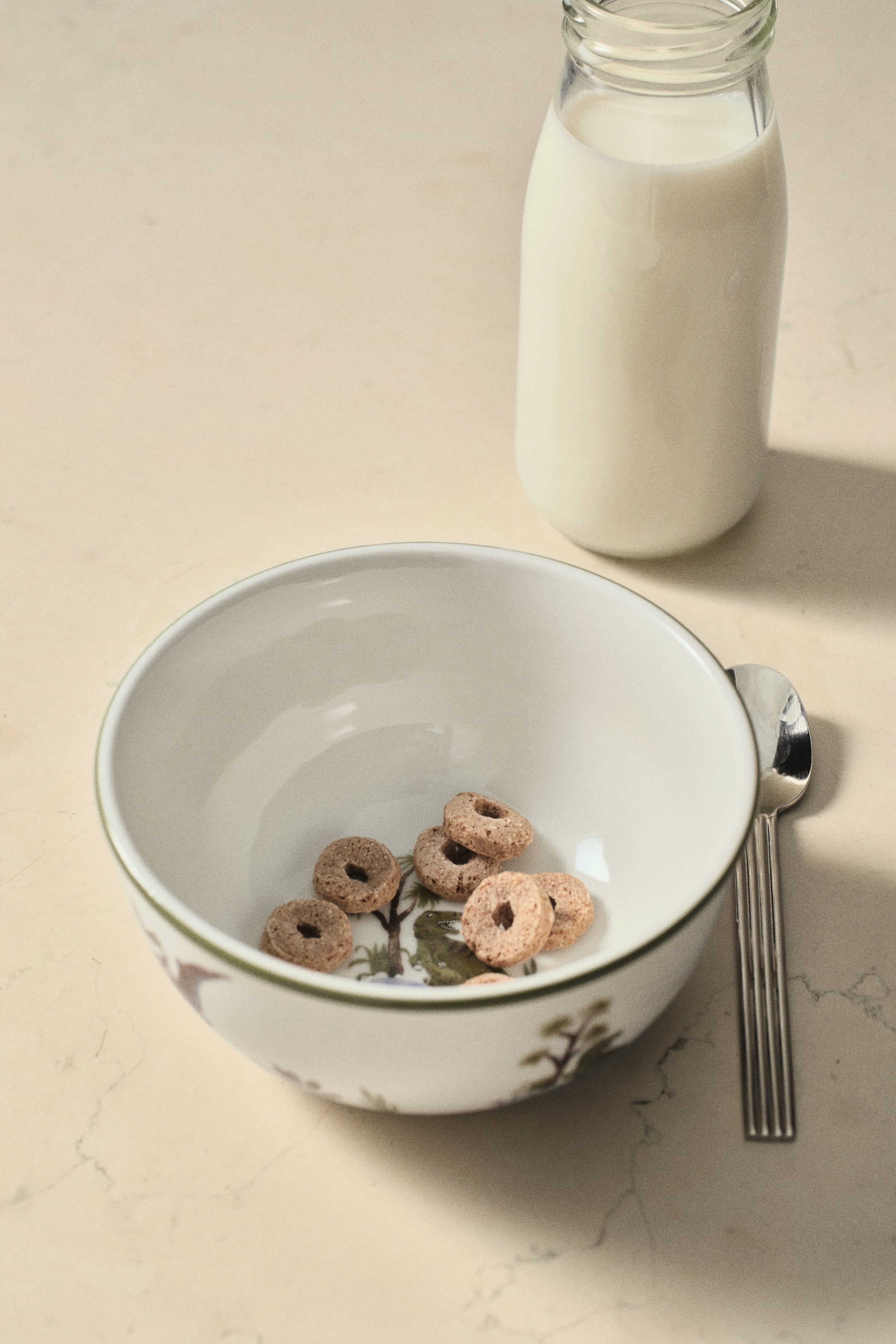 Agrandir l'image: Un bol en porcelaine pour enfants est visible de face, arborant un motif imprimé de paysage avec un crocodile à sa base et un rebord peint en vert. Des morceaux de céréales ronds reposent à l'intérieur du bol.