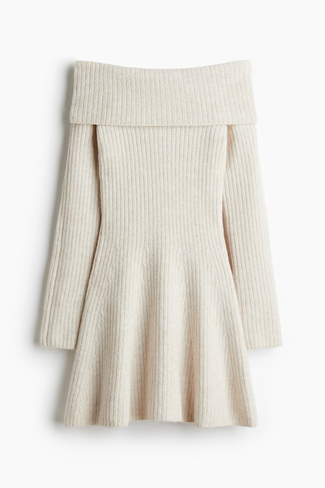 Rib-knit off-the-shoulder dress - Light beige/Light blue marl/Dark green/Dark brown - 1