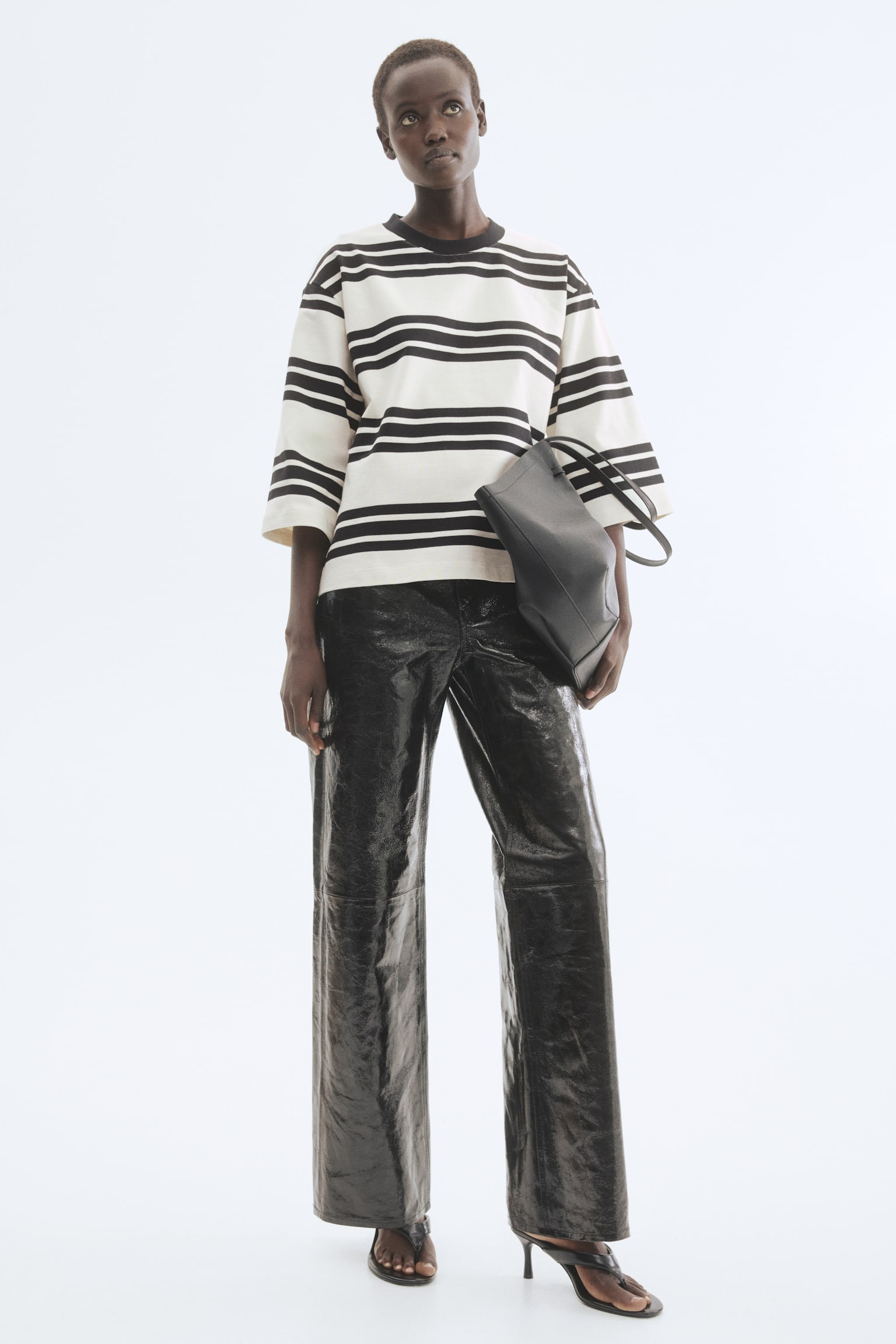 Bavlněný top Loose Fit - Bílá/černý proužek/Pudrově růžová/proužky - 4