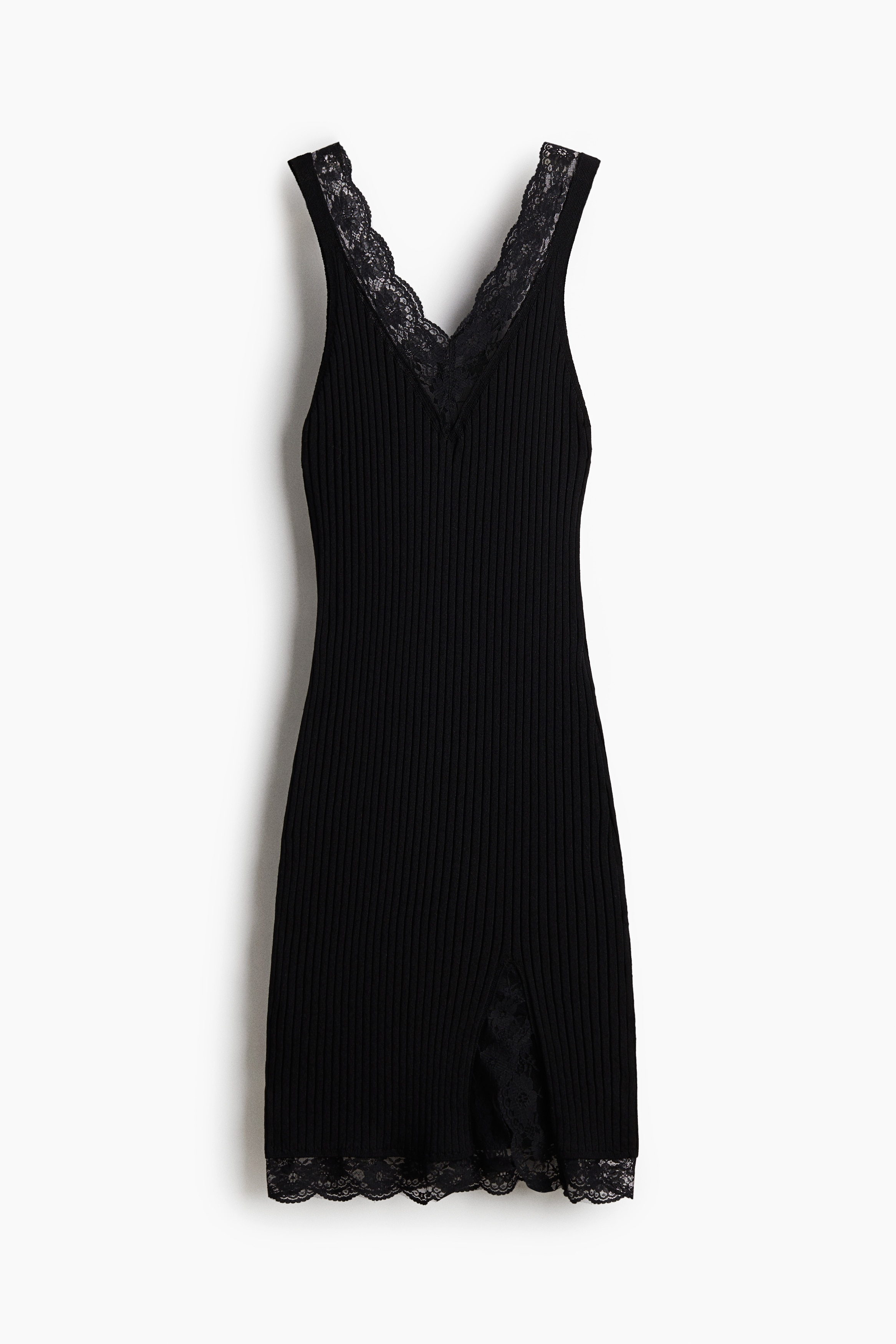 Lace-Trimmed Rib-Knit Dress - Black