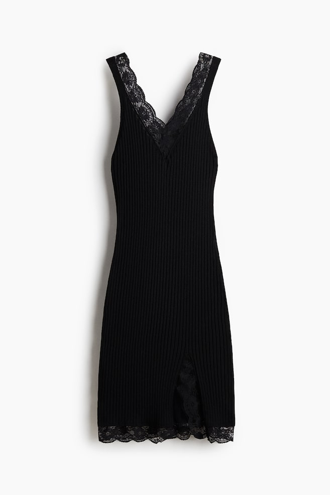 Lace-Trimmed Rib-Knit Dress - Black - 1