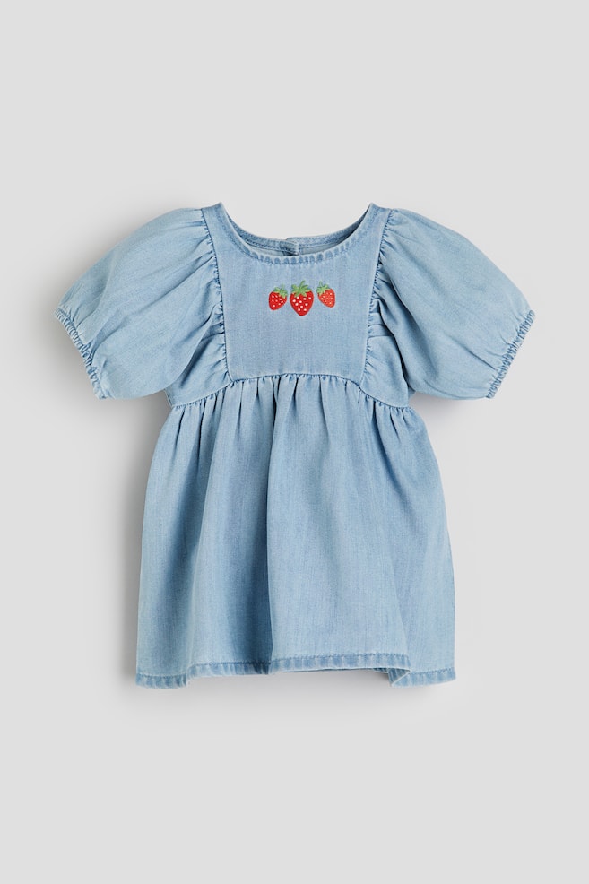 Embroidered-motif denim dress - Light denim blue/Strawberries - 1