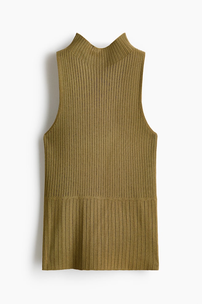 Rib-knit turtleneck top - Olive green/Cream - 1