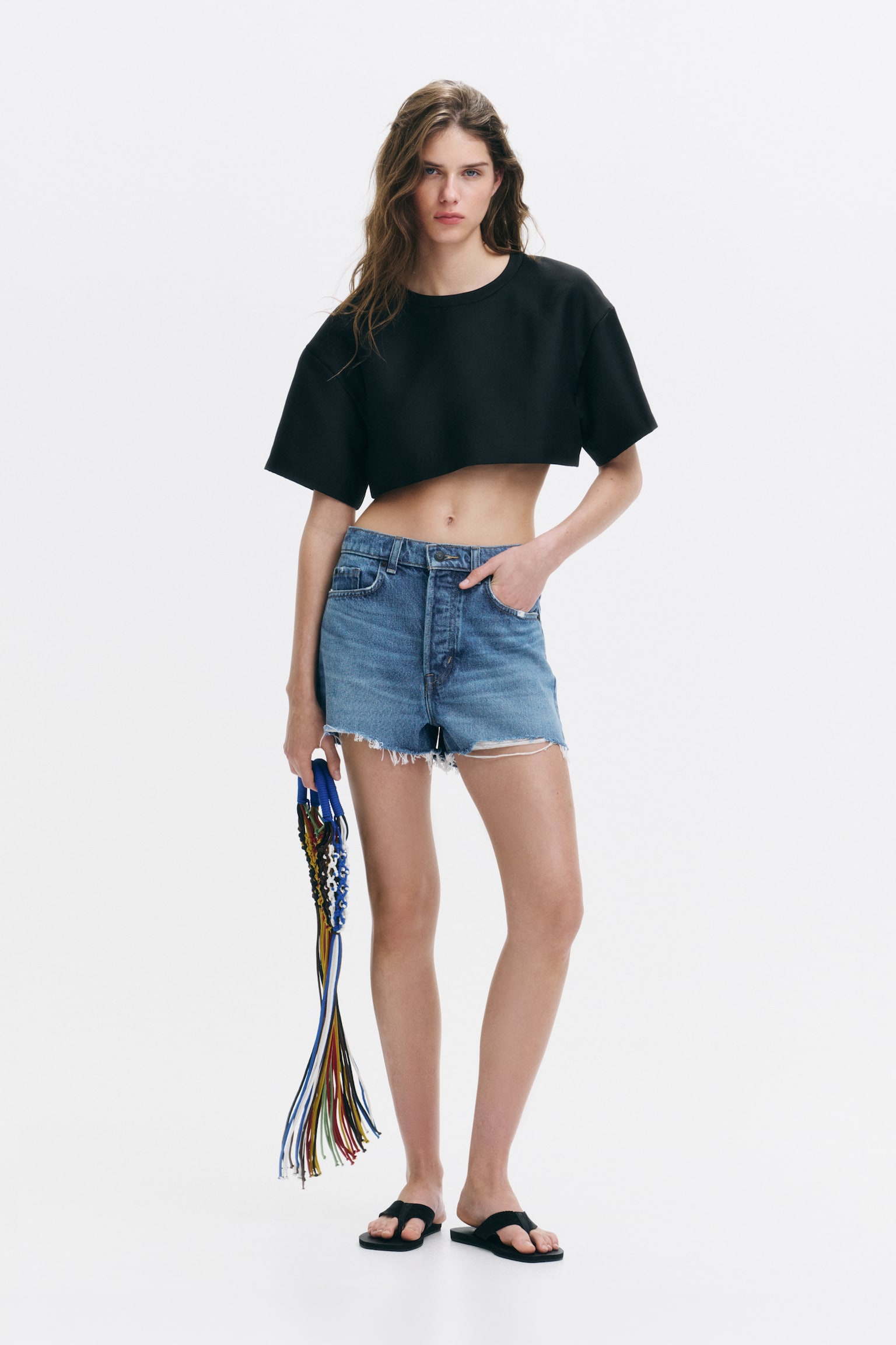 Raw-edge denim shorts - Light denim blue/Red/Light denim blue/Ivory - 1