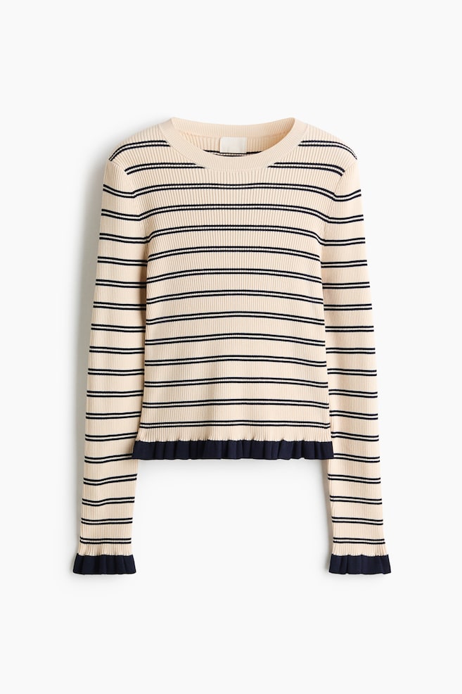 Geripptes Shirt mit Volantbesatz - Cremefarben/Gestreift/Marineblau/Gestreift/Cremefarben - 1