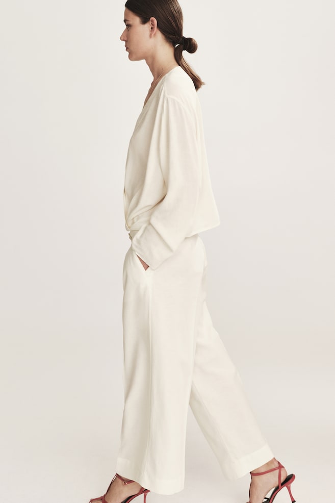 Ankle-Length Linen-Blend Pants-Cream - 4