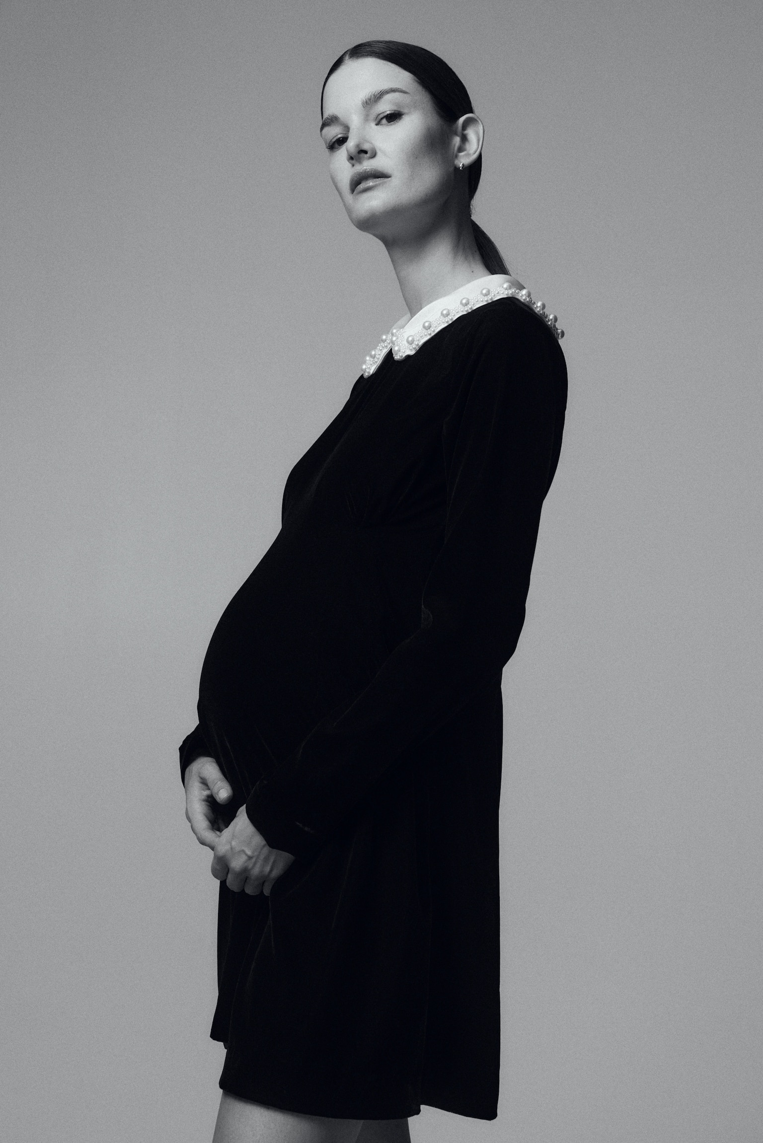 MAMA Collared velvet dress - Black/Cream - 5