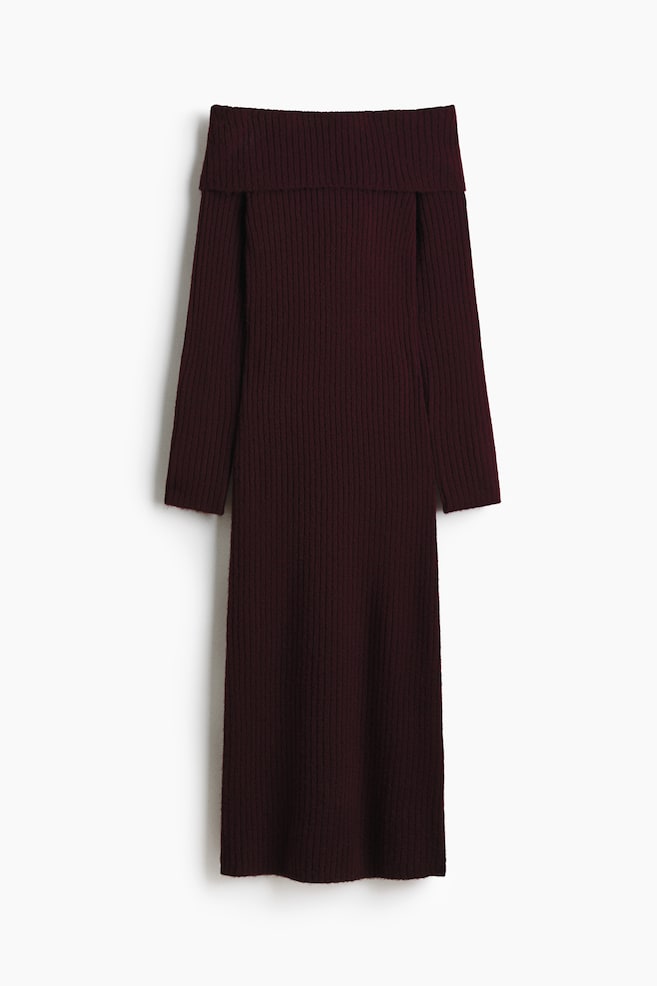 Rib-Knit Off-the-Shoulder Dress - Burgundy/Navy blue - 1