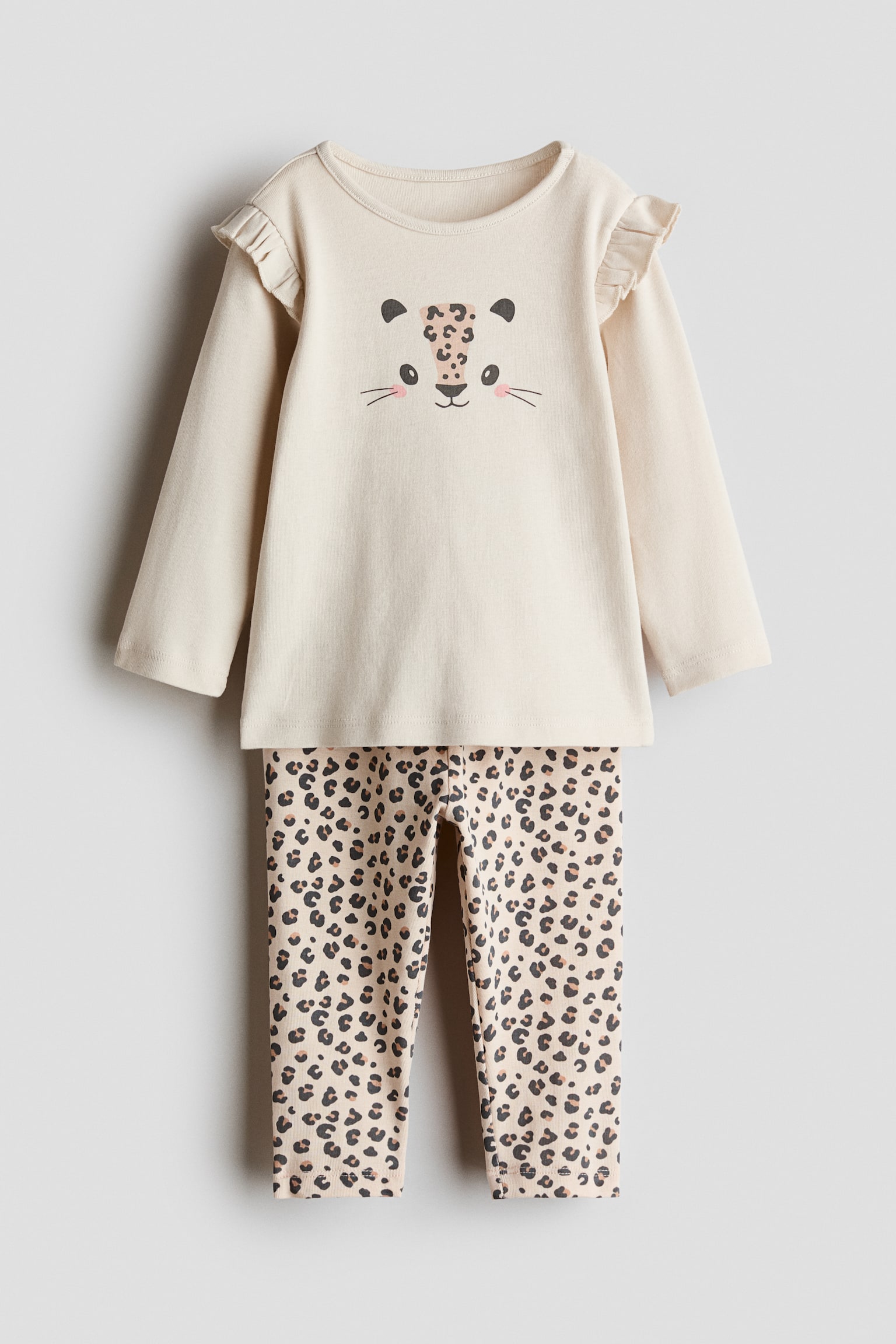 Bedruckter Baumwollpyjama - Hellbeige/Leopard/Hellrosa/Herzen/Weiß/Kirschen