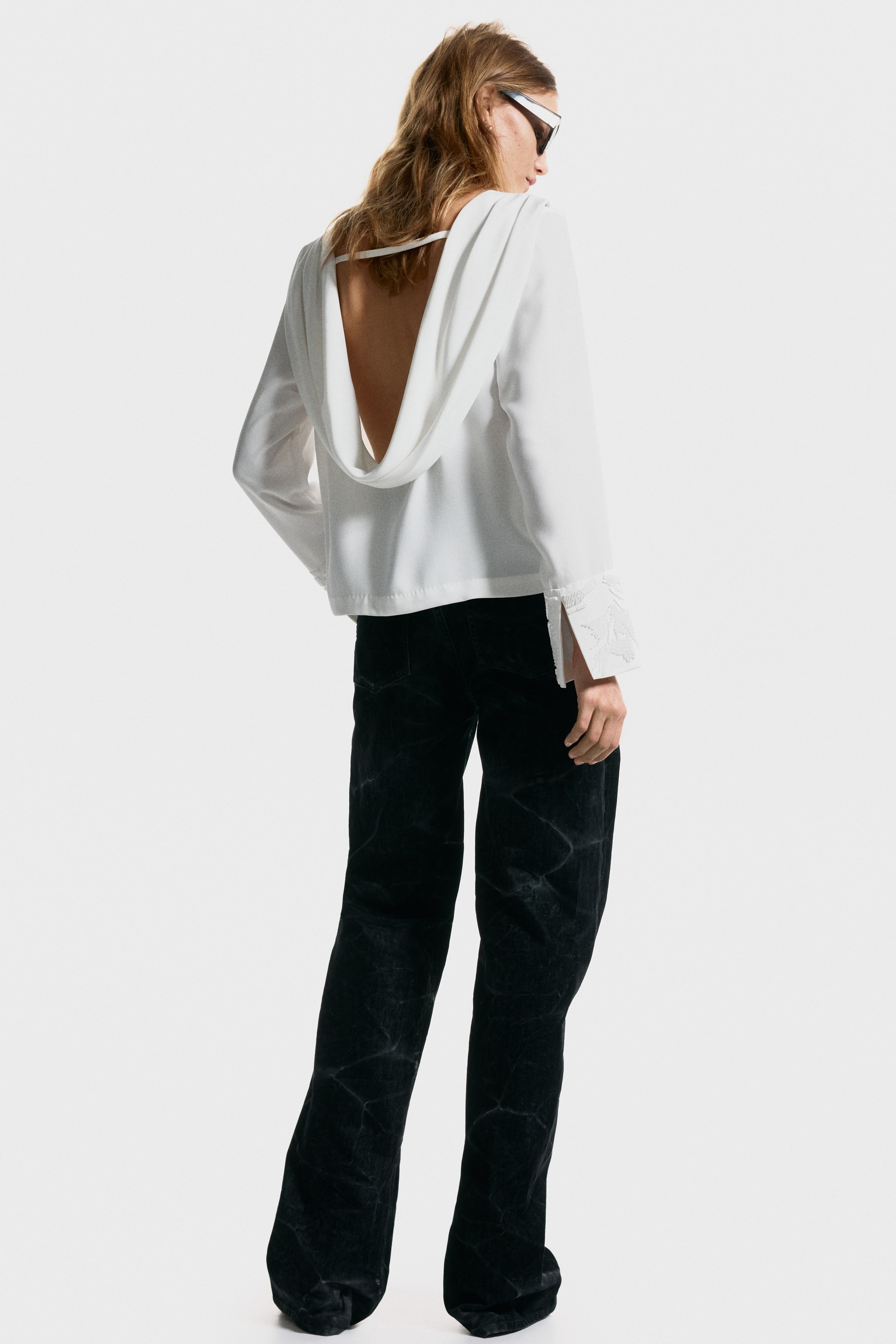 Bead-embroidered cowl-back blouse
