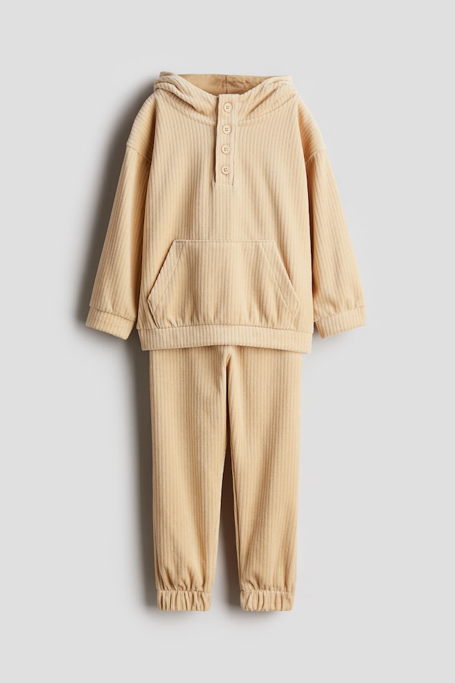 2-piece Ribbed Velour Set - Beige/Navy blue/Dark green - 1