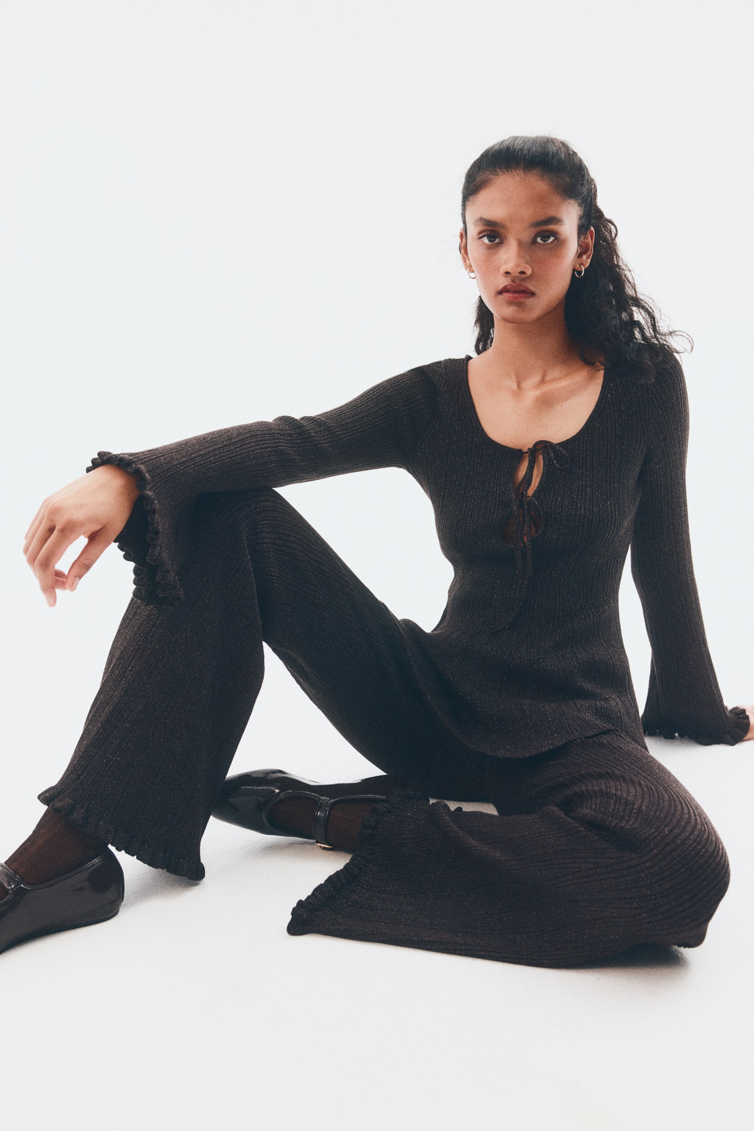 Shimmering rib-knit trousers - Dark brown/Glittery - 5