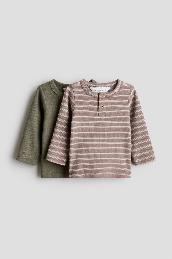 2-pack cotton Henley tops - Khaki green/White striped/Dark blue/Turquoise/Light beige/Boats/Light grey/Beige striped - 1