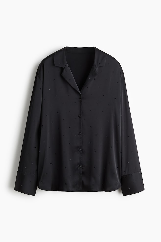 Embellished satin pyjama shirt - Black/White - 1
