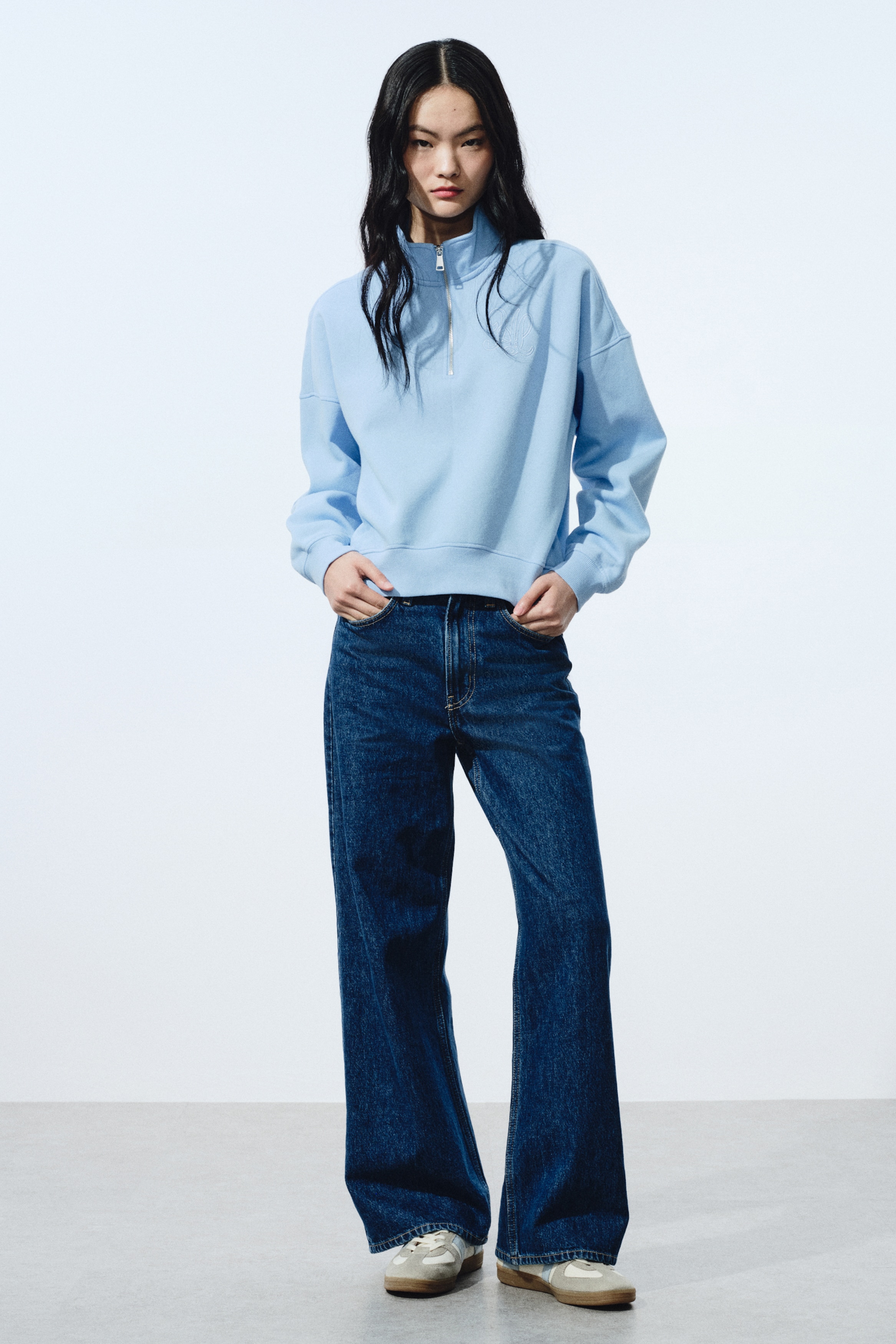ハーフジップスウェットトップス - ライトブルー - レディース | H&M JP