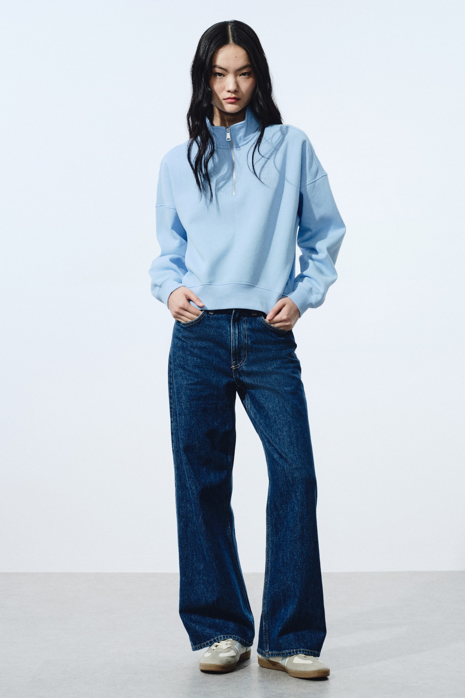 ハーフジップスウェットトップス - ライトブルー/ライトグレーメランジ/ネイビーブルー - 3