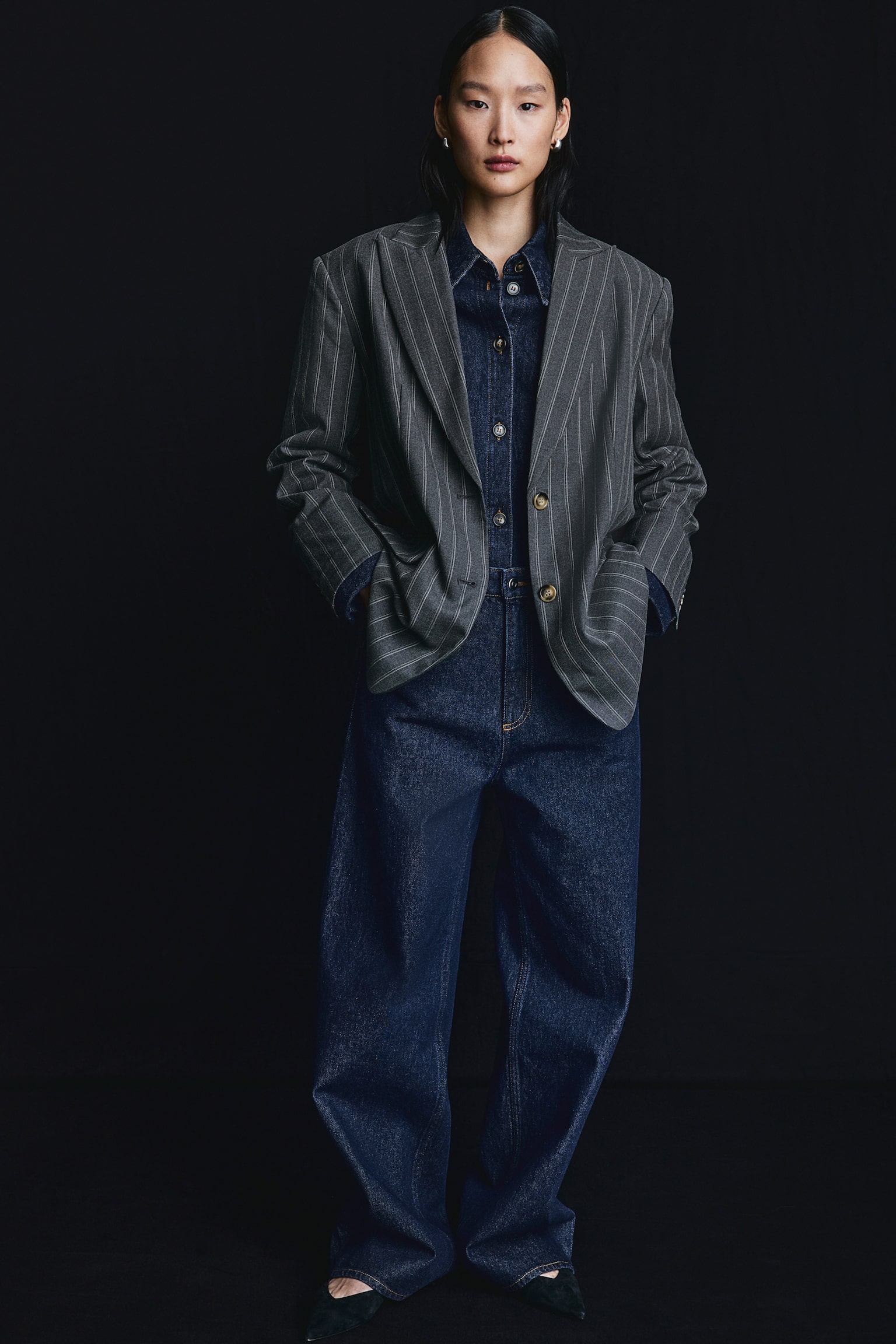 Oversized Twill Blazer - Dark grey/Pinstripe - 3