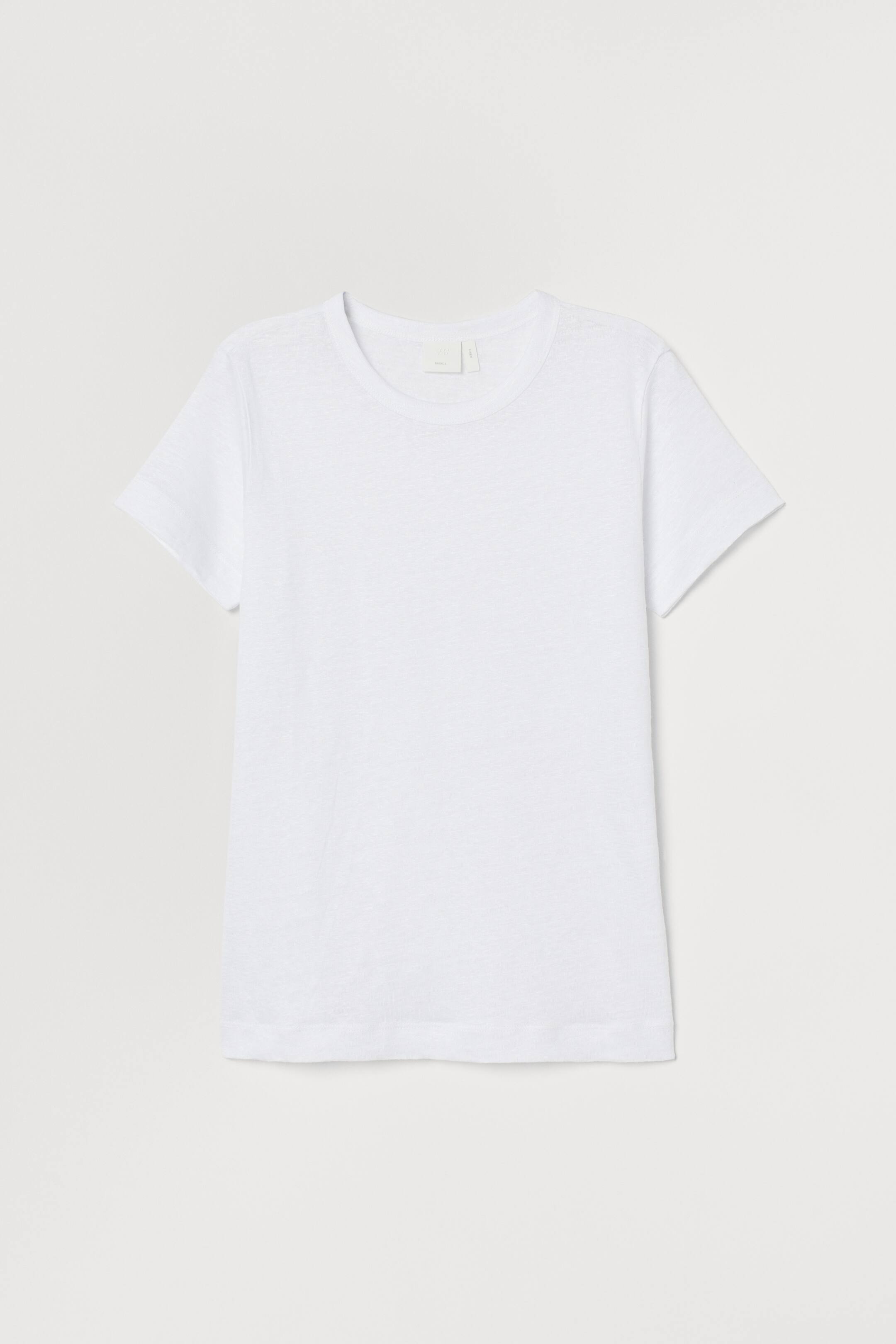 Linen T-shirt - Round neck - Short sleeve - White - Ladies | H&M GB