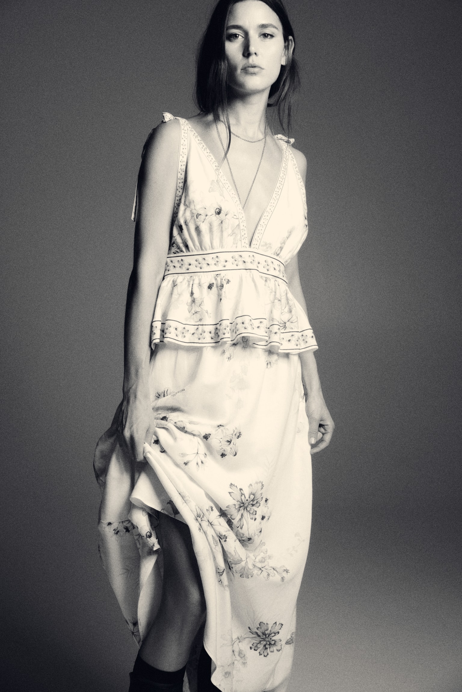 Linen-blend tie-strap dress - Light beige/Floral - 1