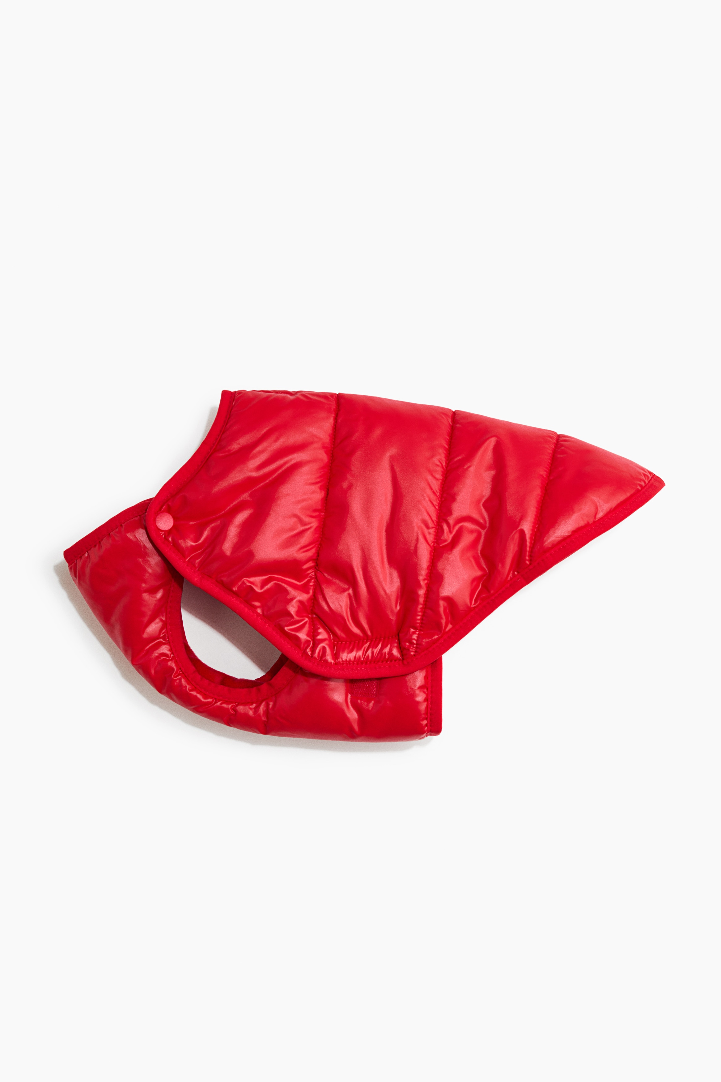 Eine rote gesteppte Hundepufferjacke wird von einem kleinen schwarzen Hund im Seitenprofil nach rechts getragen. Die Jacke verfÃ¼gt Ã¼ber horizontale SteppnÃ¤hte, einen hohen Kragen mit vorderem Druckknopfverschluss und offene ArmlÃ¶cher fÃ¼r die VorderlÃ¤ufe.