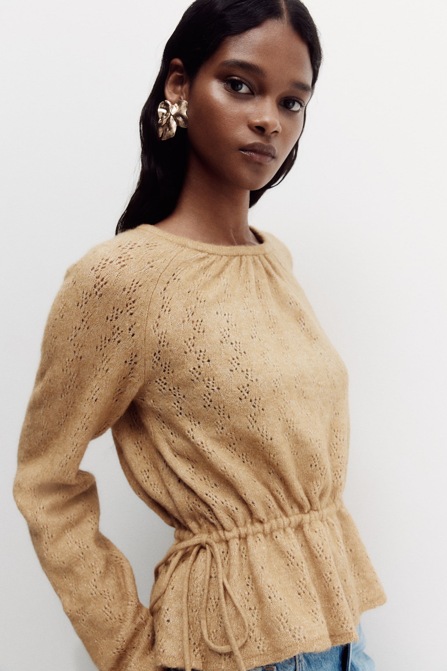 Pointelle-knit peplum top - Beige - 4